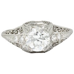 Antique Edwardian 1.25 Carat Diamond Platinum Scrolled Engagement Ring GIA