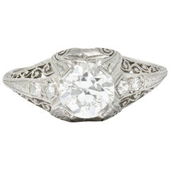 Edwardian 1.25 Carat Diamond Platinum Scrolled Engagement Ring GIA