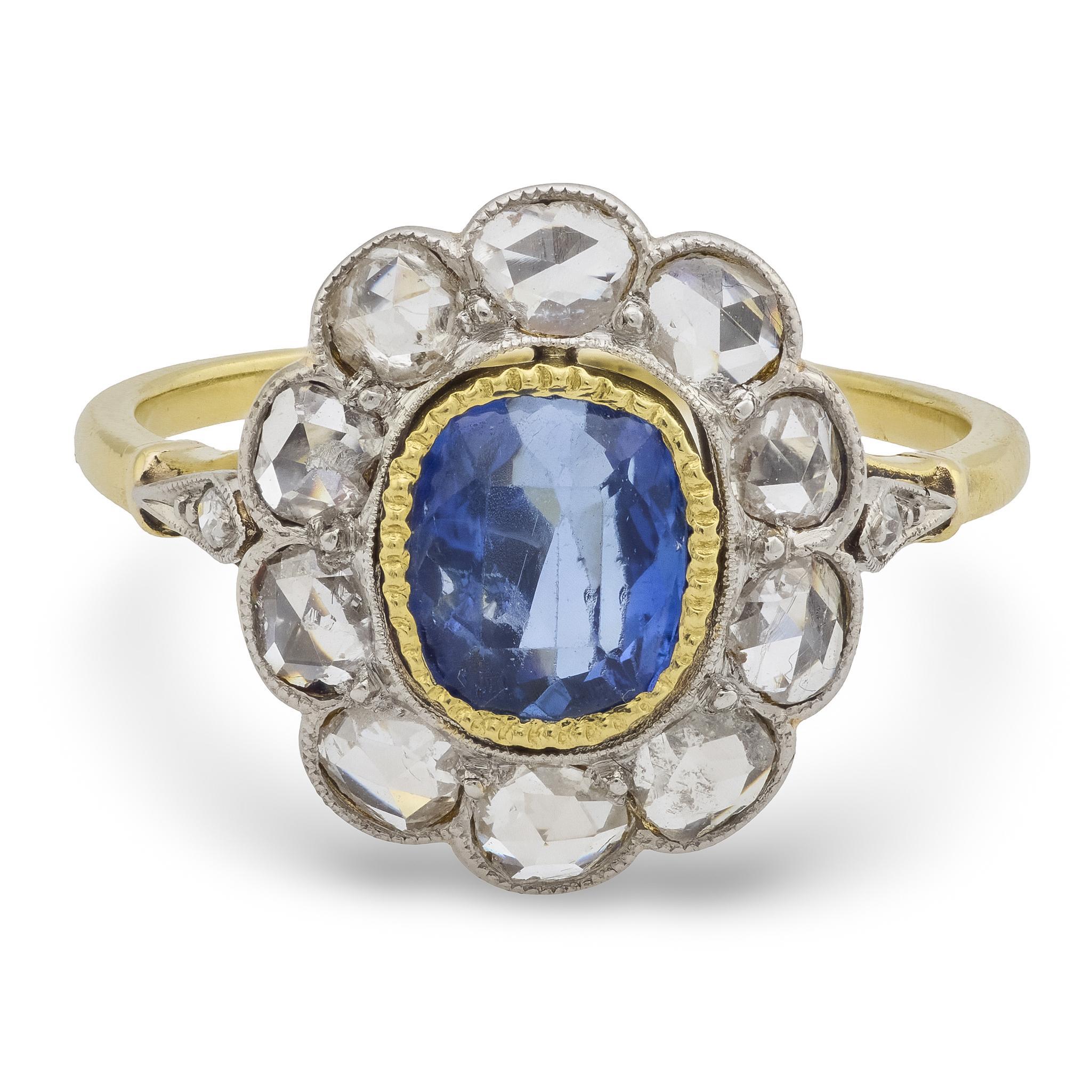 Cushion Cut Edwardian 1.25 carat sapphire diamond 18k yellow gold cluster ring
