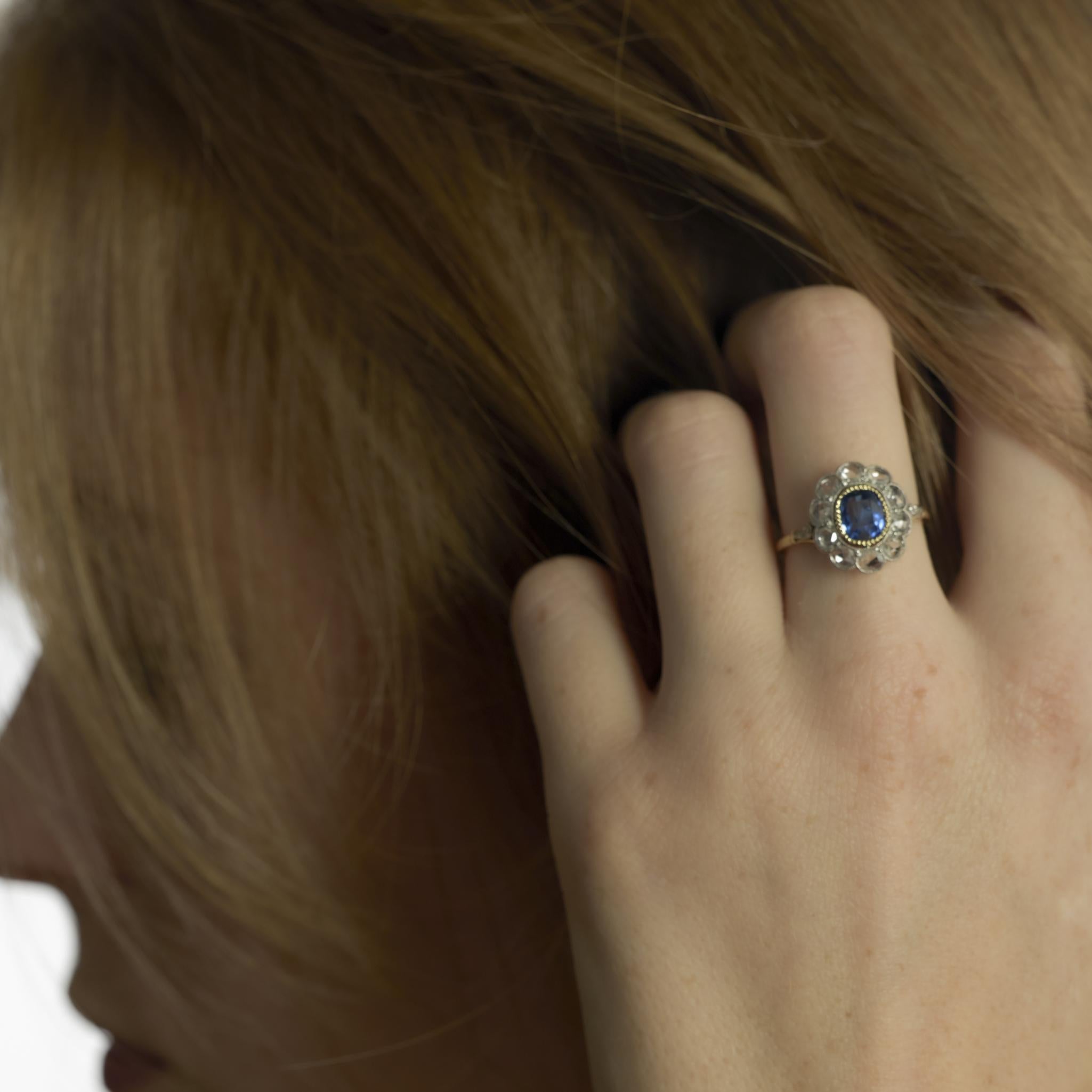 Edwardian 1.25 carat sapphire diamond 18k yellow gold cluster ring In Good Condition In Beverly Hills, CA