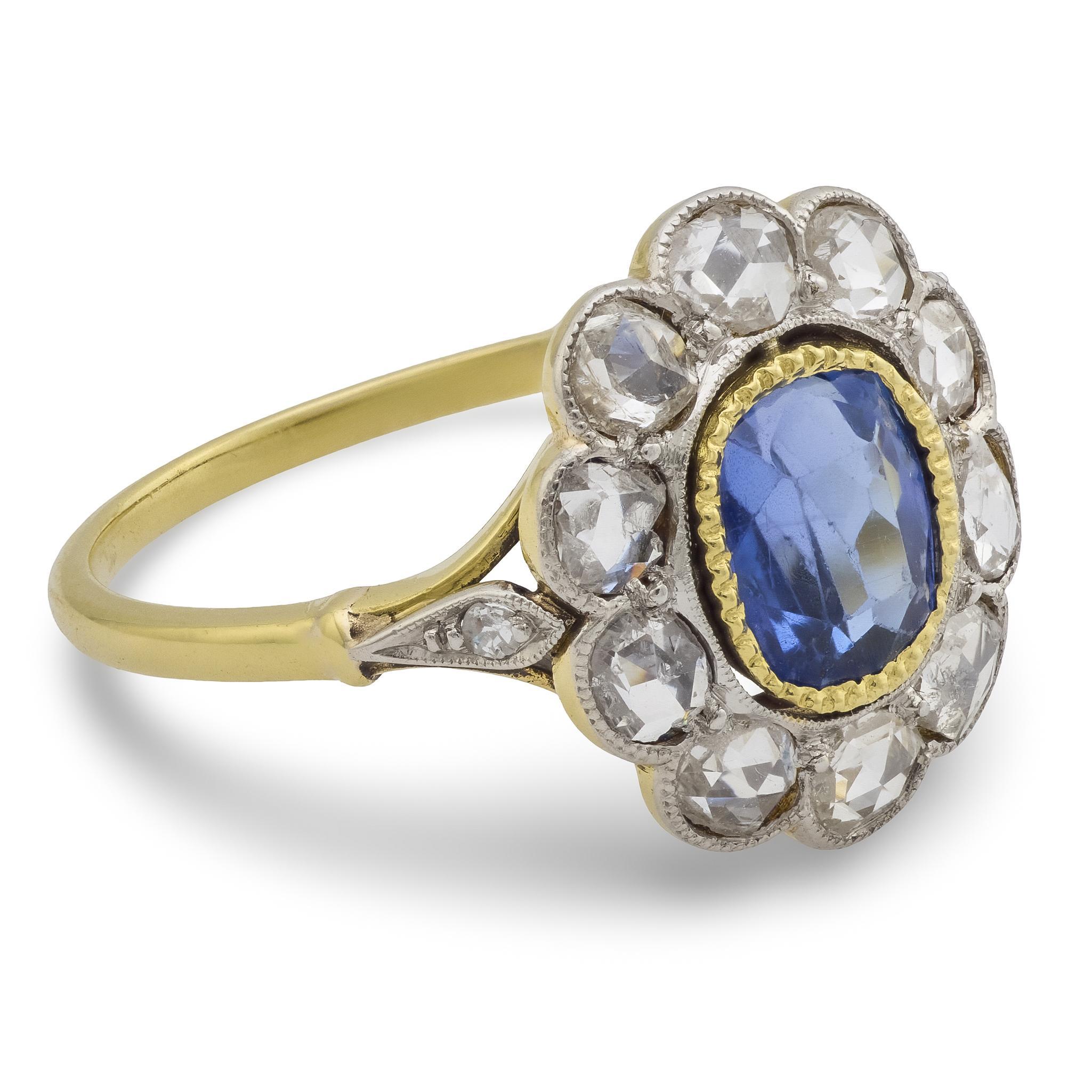 Women's Edwardian 1.25 carat sapphire diamond 18k yellow gold cluster ring