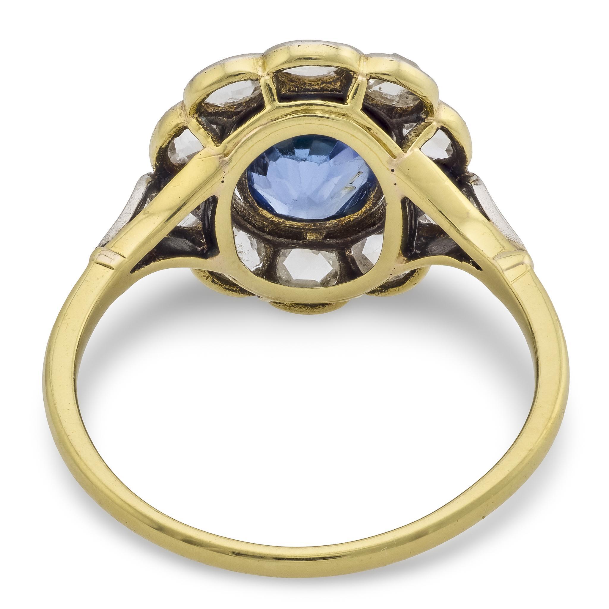 Edwardian 1.25 carat sapphire diamond 18k yellow gold cluster ring 1