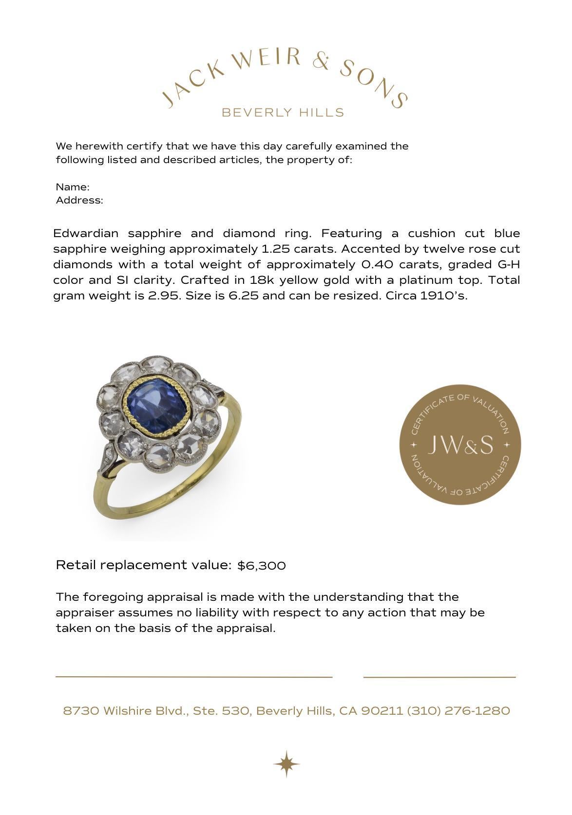 Edwardian 1.25 carat sapphire diamond 18k yellow gold cluster ring 2