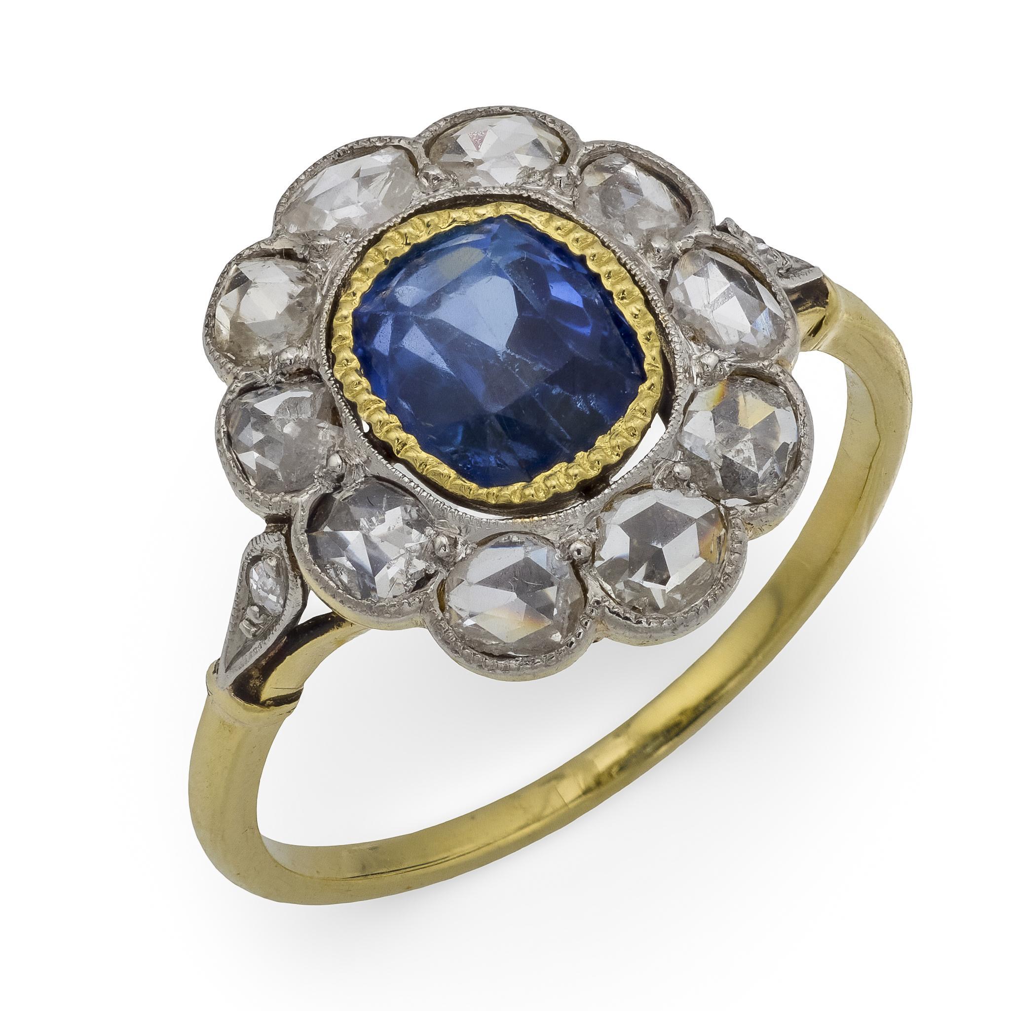 Edwardian 1.25 carat sapphire diamond 18k yellow gold cluster ring 3
