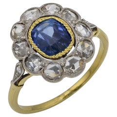 Edwardian 1.25 carat sapphire diamond 18k yellow gold cluster ring