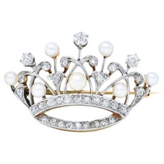 Edwardian 1.25 Carats Diamond Pearl Platinum-Topped 18 Karat Gold Crown Brooch
