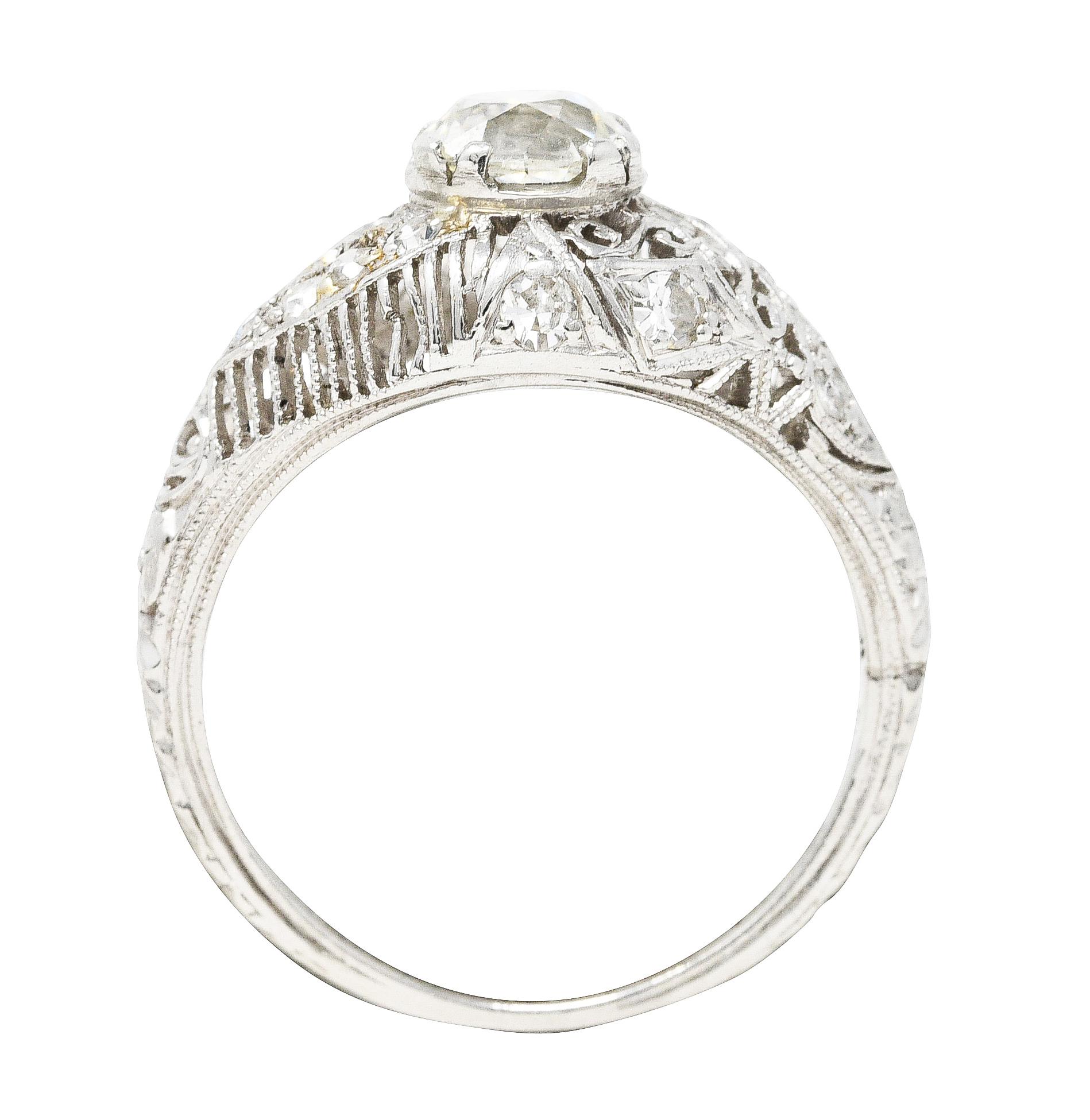 Edwardian 1.25 Carats Old Mine Diamond Platinum Scrolled Engagement Ring For Sale 3