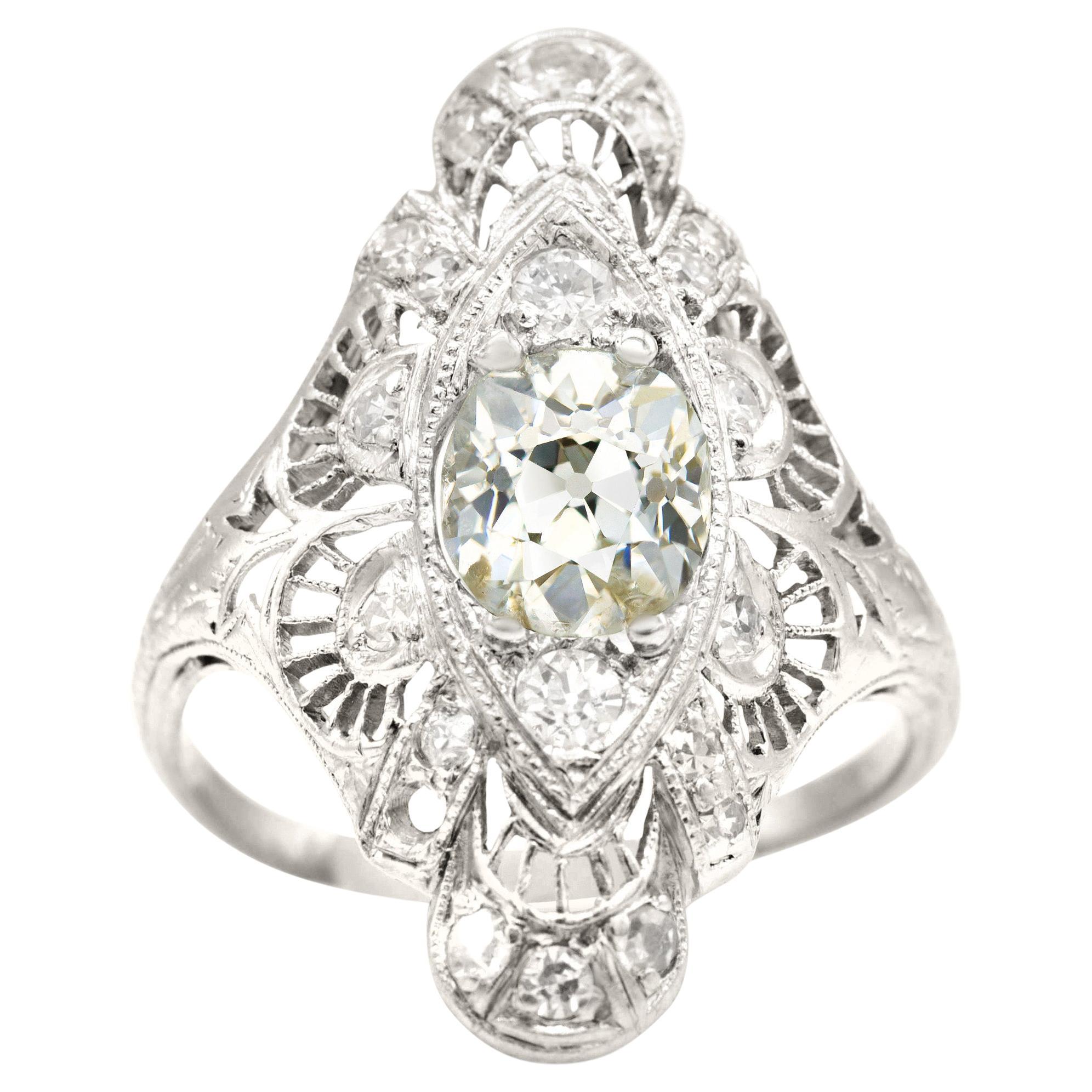 Edwardian 1.25 Ct. Old Mine Filigree Cocktail Ring I-J SI2-I1 in Platinum For Sale