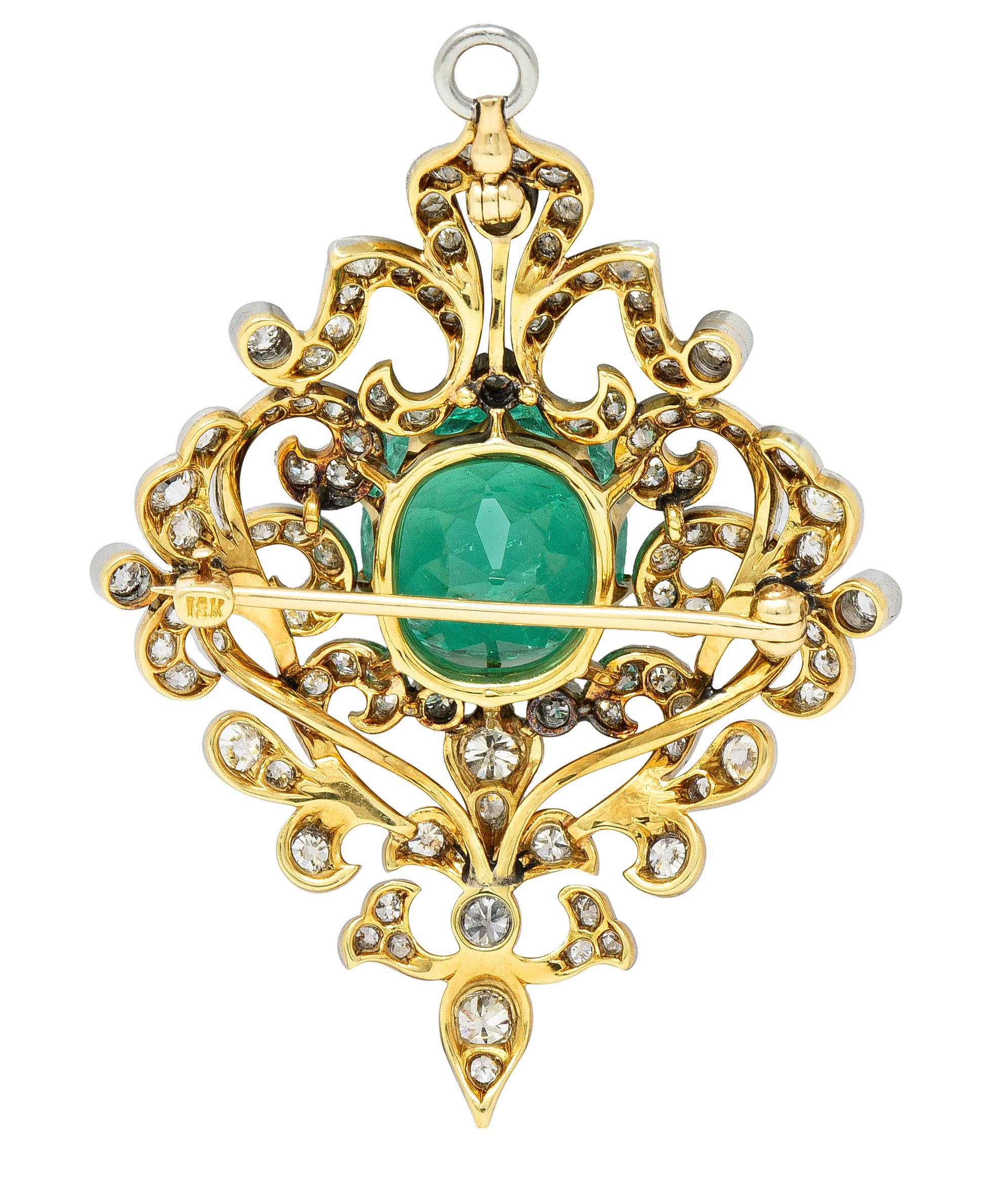 Edwardian 12.53 CTW Colombian Emerald Diamond Platinum 18 Karat Gold Pendant For Sale 6