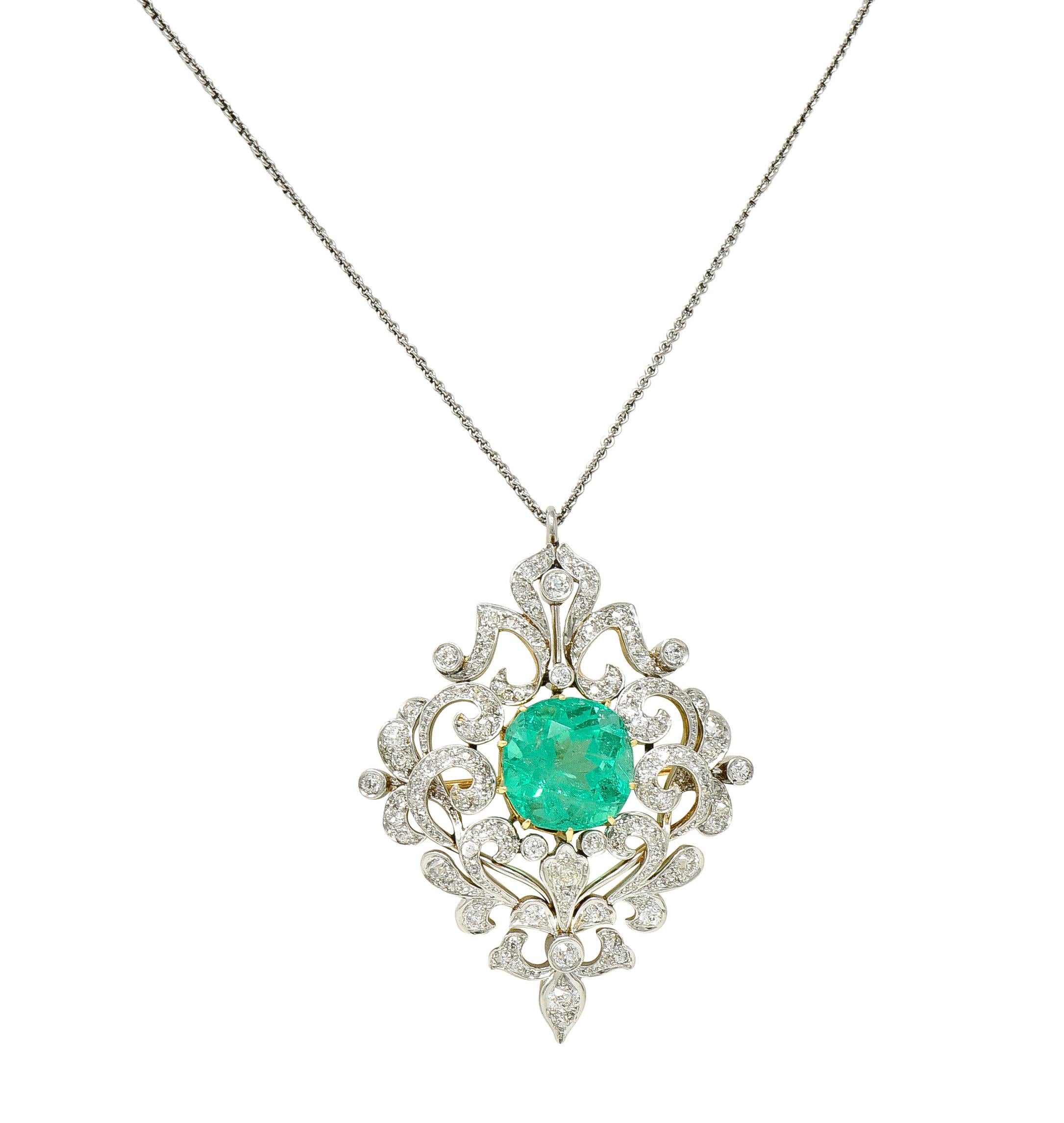 Edwardian 12.53 CTW Colombian Emerald Diamond Platinum 18 Karat Gold Pendant For Sale 7