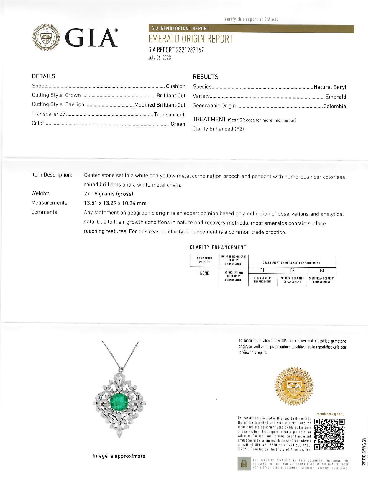 Edwardian 12.53 CTW Colombian Emerald Diamond Platinum 18 Karat Gold Pendant For Sale 9