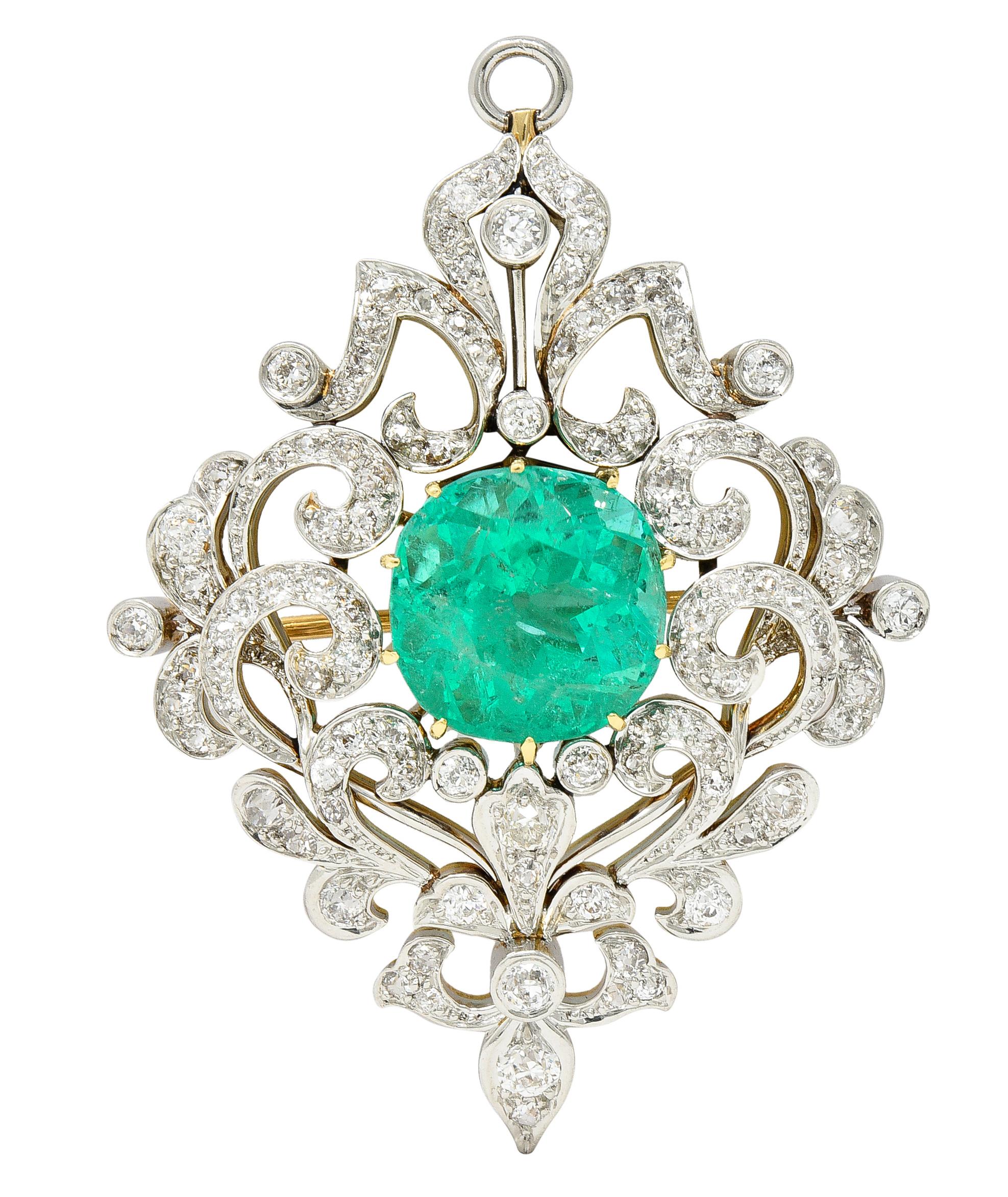 Antique Cushion Cut Edwardian 12.53 CTW Colombian Emerald Diamond Platinum 18 Karat Gold Pendant For Sale