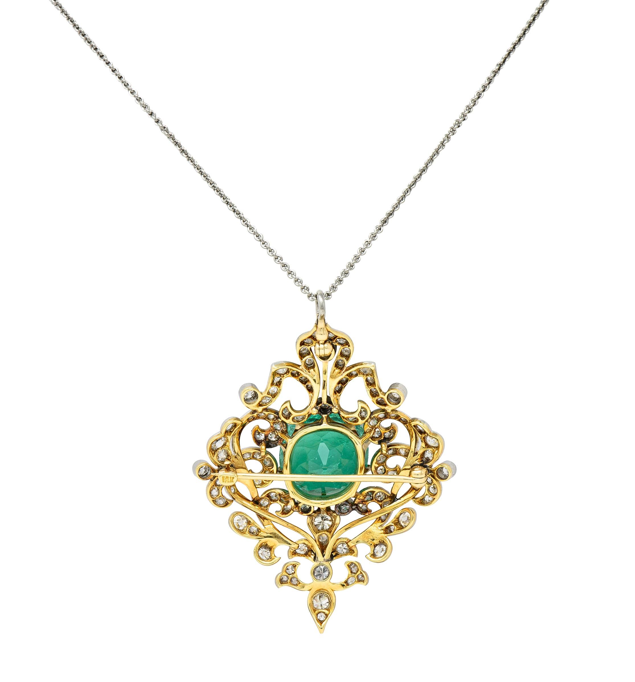 Women's or Men's Edwardian 12.53 CTW Colombian Emerald Diamond Platinum 18 Karat Gold Pendant For Sale