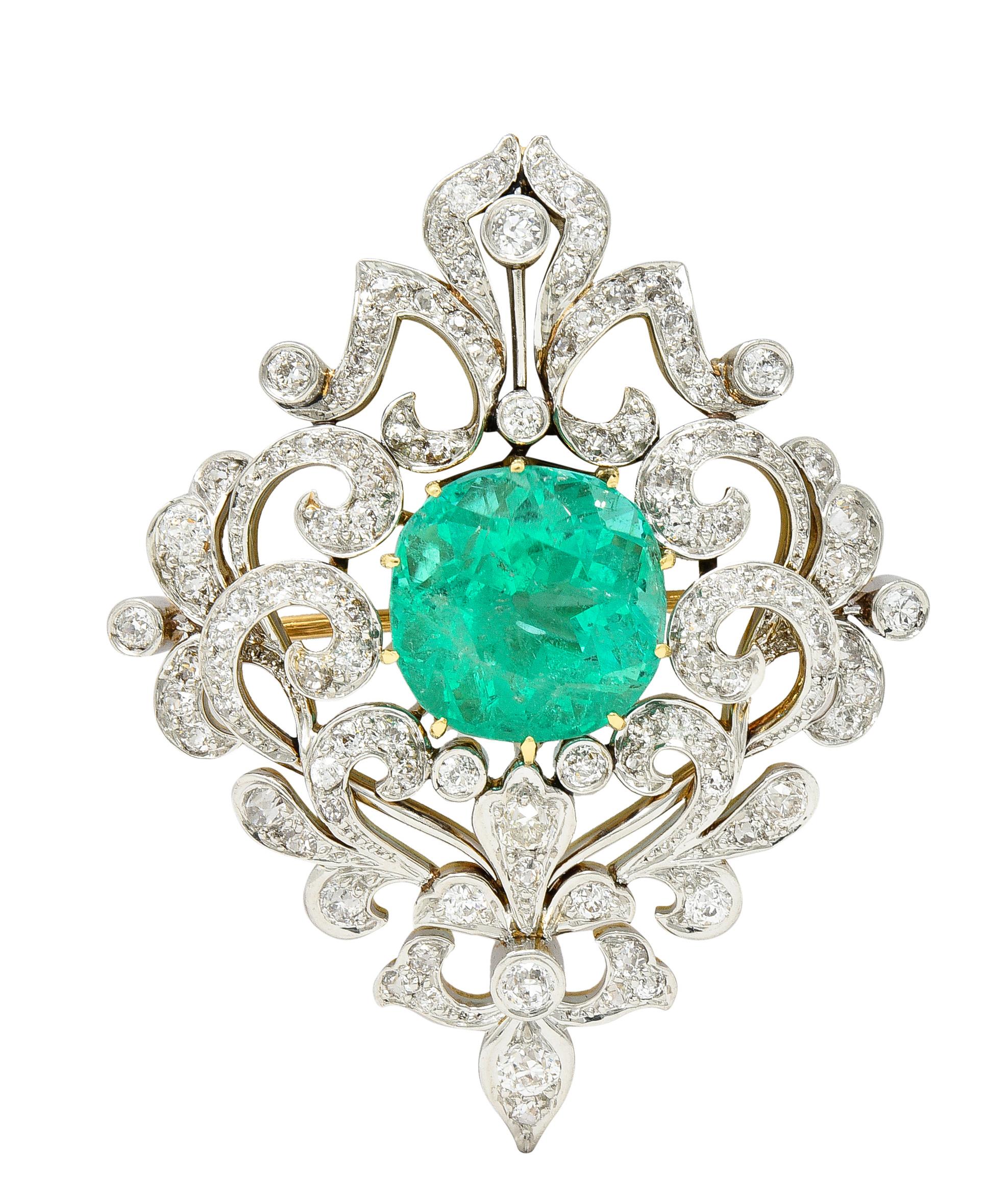 Edwardian 12.53 CTW Colombian Emerald Diamond Platinum 18 Karat Gold Pendant For Sale 2