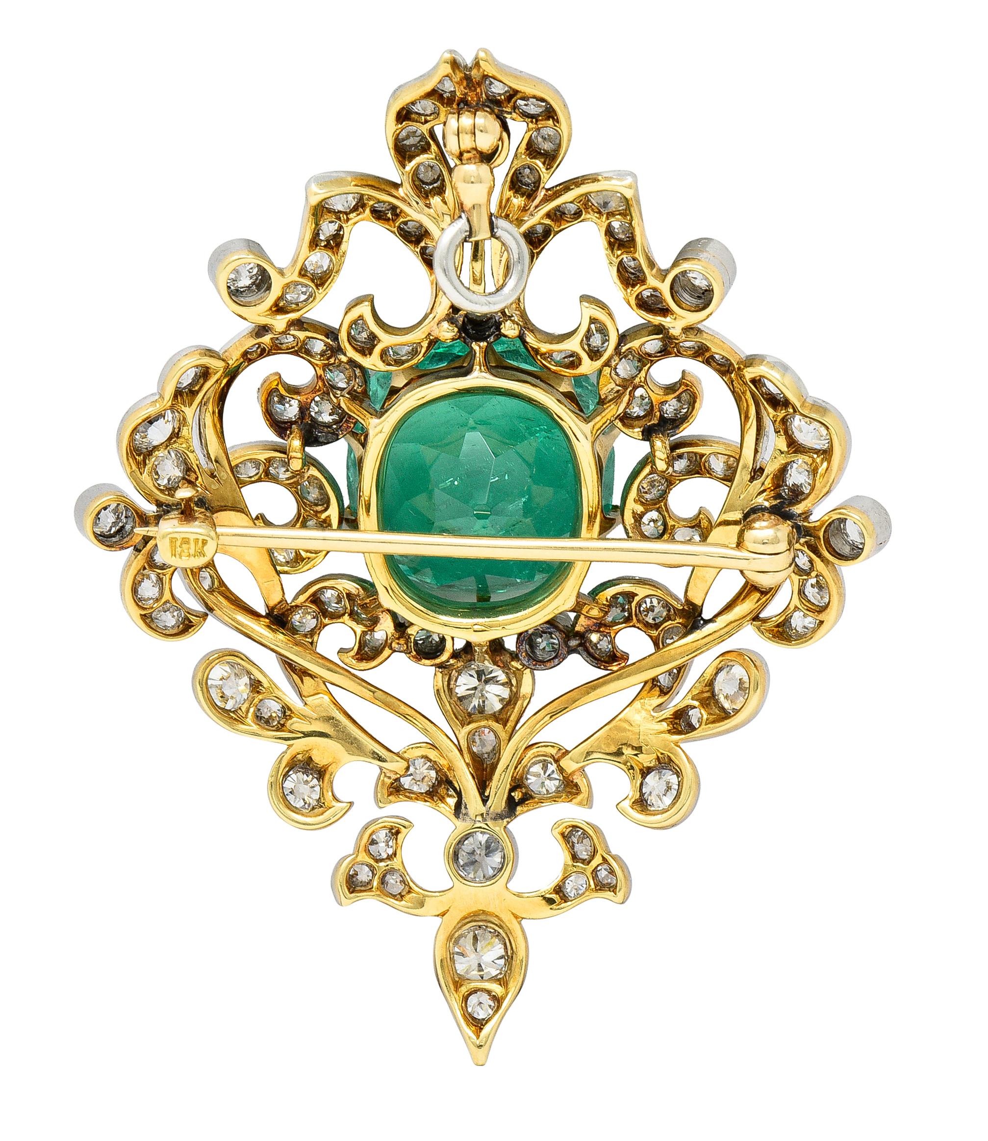 Edwardian 12.53 CTW Colombian Emerald Diamond Platinum 18 Karat Gold Pendant For Sale 3