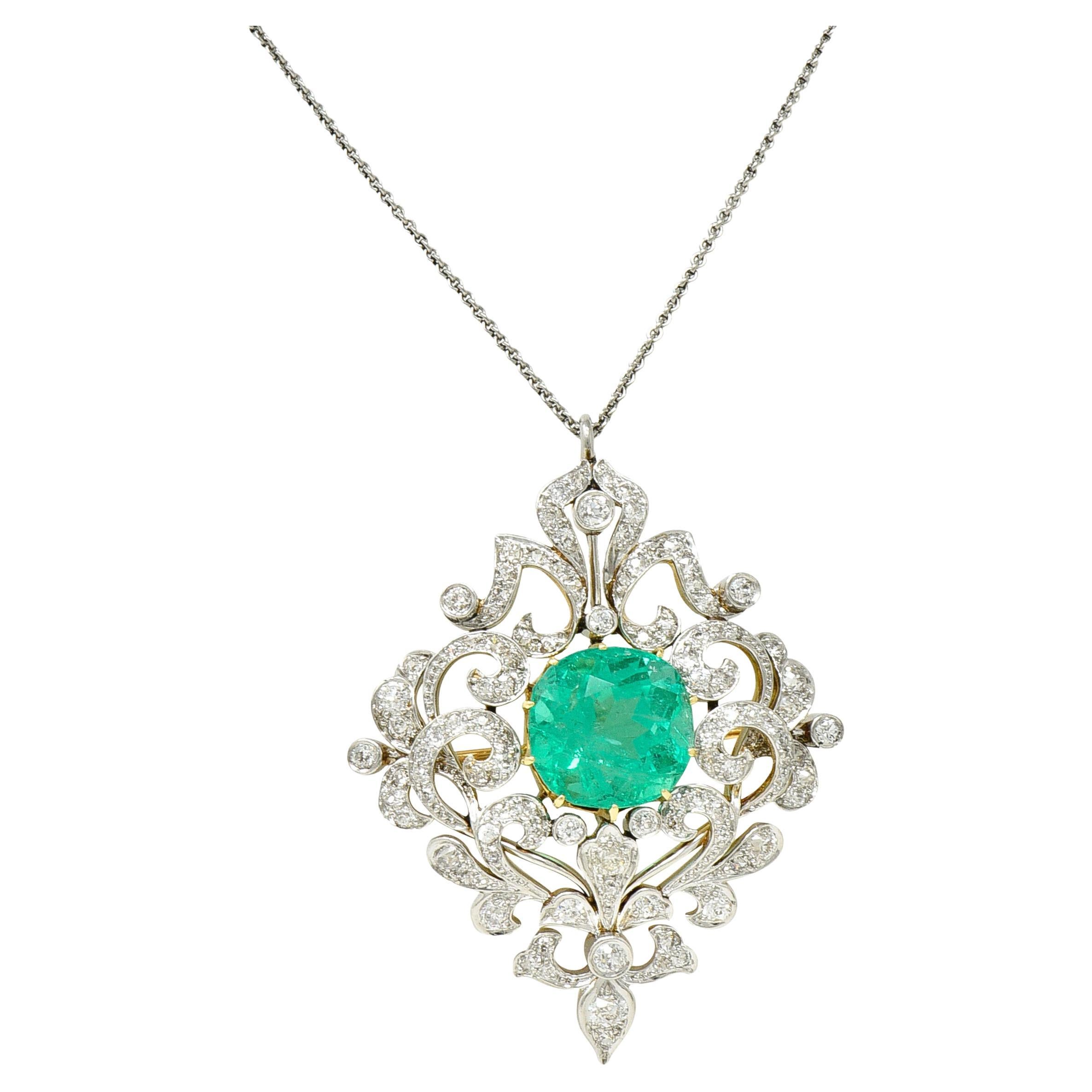 Edwardian 12.53 CTW Colombian Emerald Diamond Platinum 18 Karat Gold Pendant For Sale