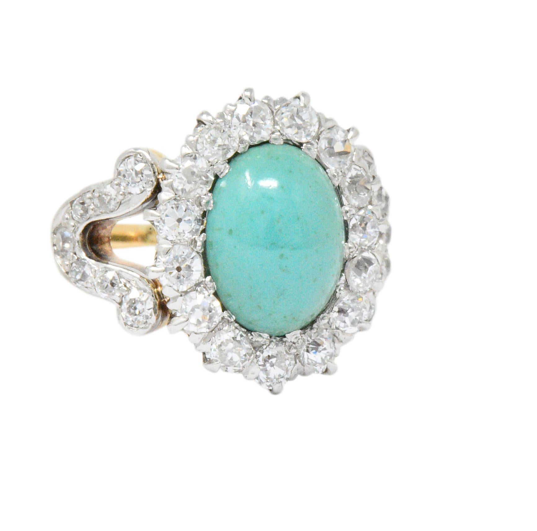 Edwardian 1.26 Carat Diamond Turquoise Platinum-Topped 14 Karat Gold Ring im Zustand „Hervorragend“ in Philadelphia, PA