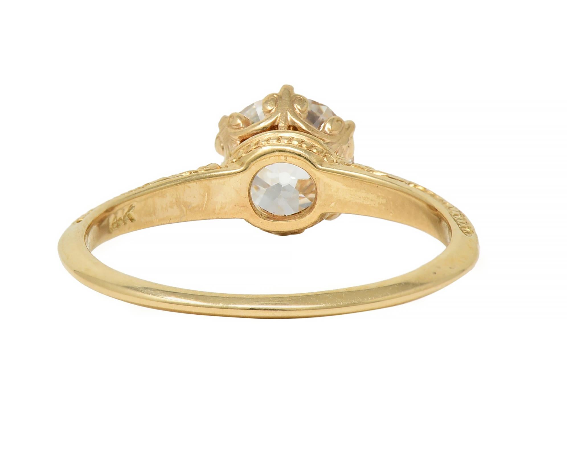 Women's or Men's Edwardian 1.26 CTW Old European Diamond 14 Karat Gold Antique Engagement Ring