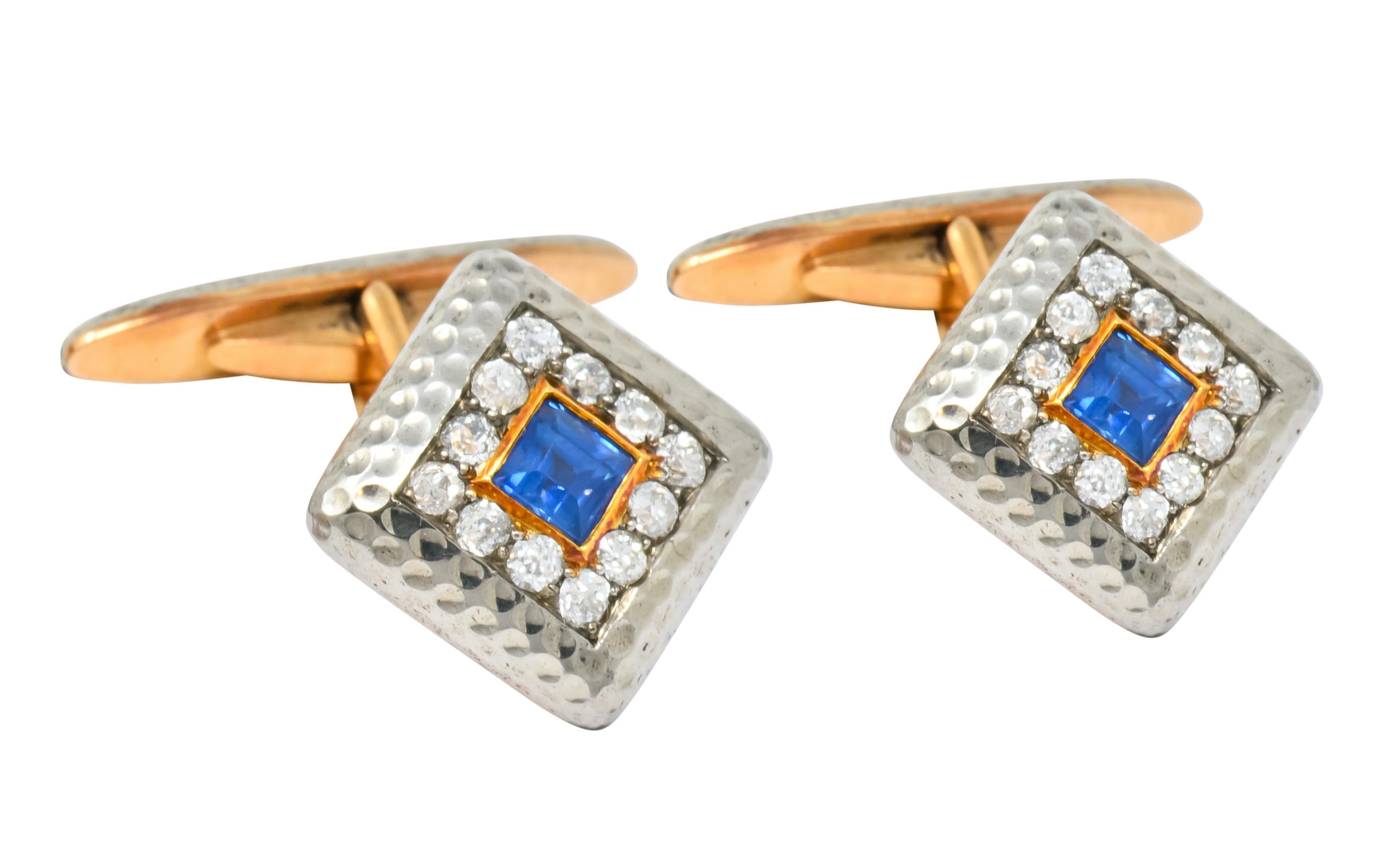 Women's or Men's Edwardian 1.30 Carat Diamond Sapphire 14 Karat Gold Platinum Cufflinks