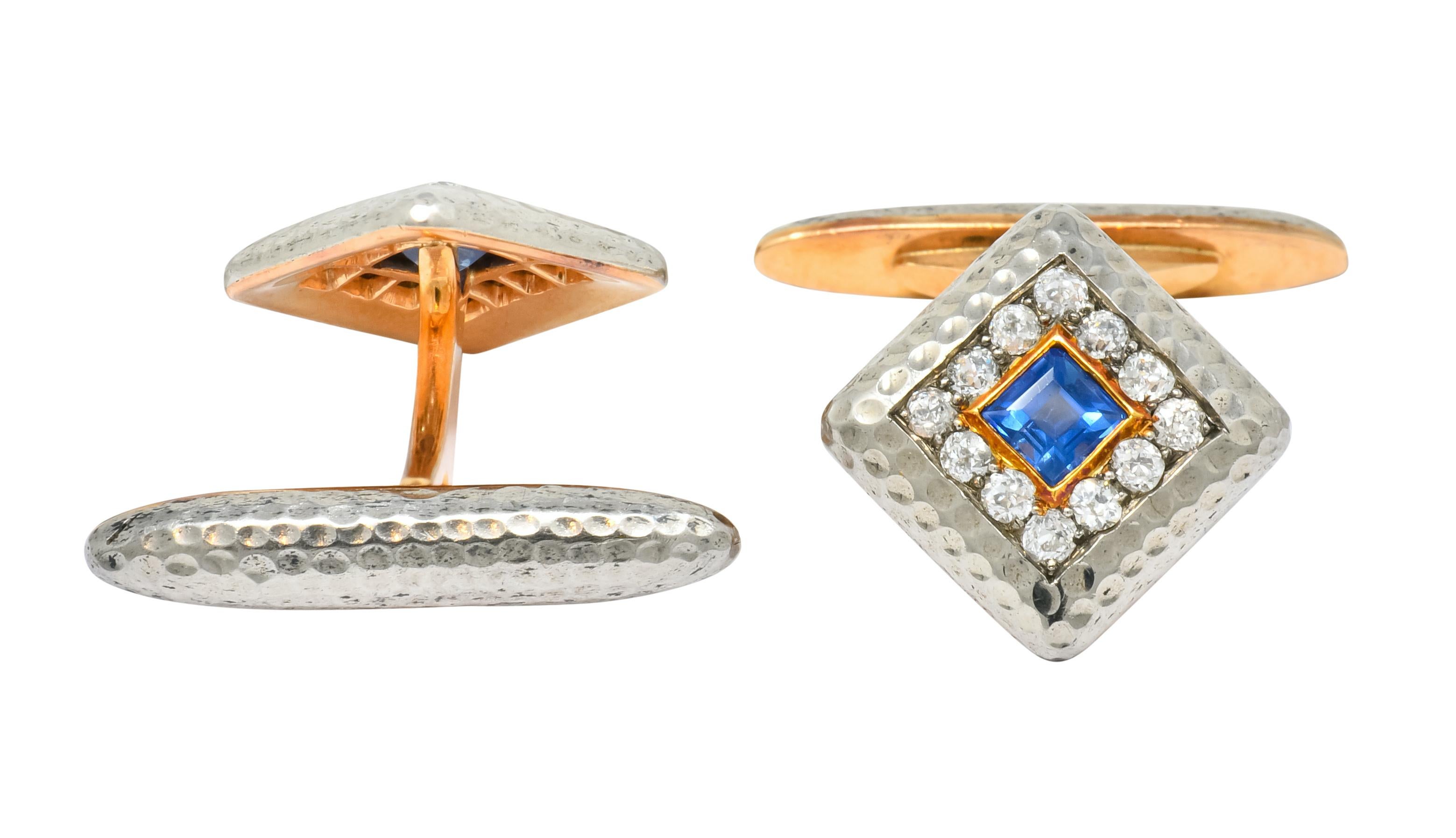 Edwardian 1.30 Carat Diamond Sapphire 14 Karat Gold Platinum Cufflinks 3