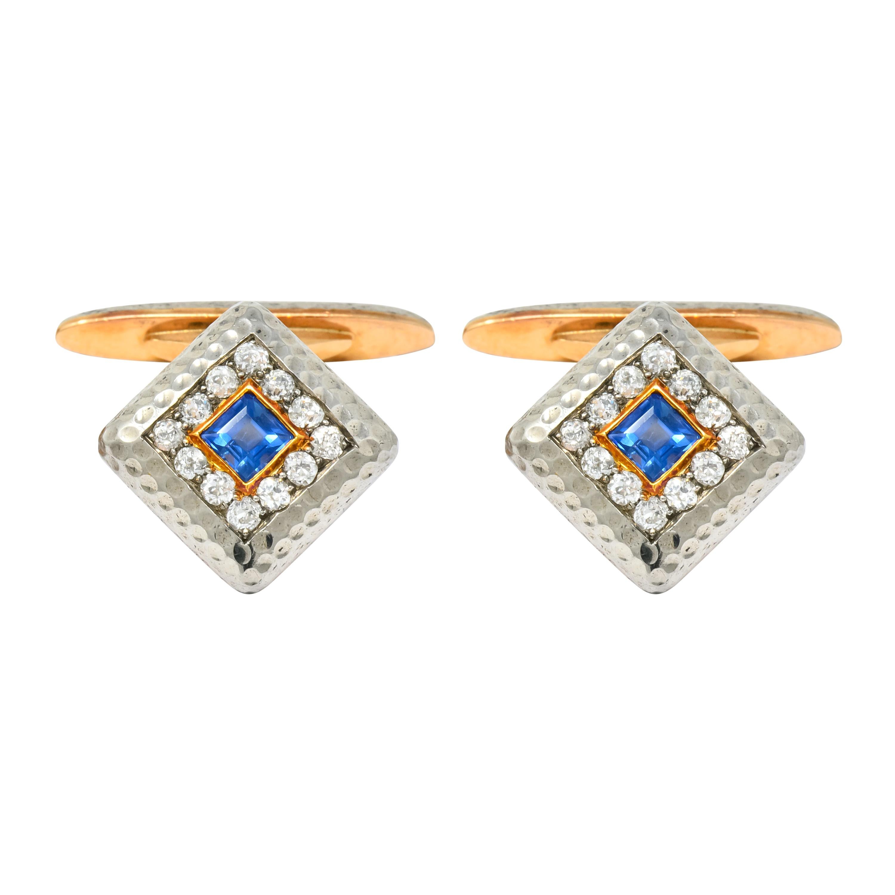 Edwardian 1.30 Carat Diamond Sapphire 14 Karat Gold Platinum Cufflinks