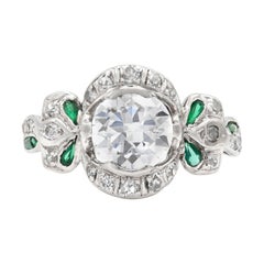 Antique Edwardian 1.30 Carat Old European Cut Diamond Ring with Emeralds