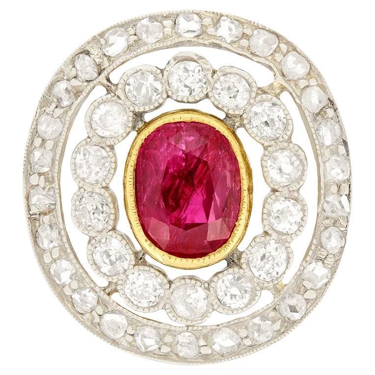 Edwardian 1.30 Carat Ruby and Diamond Double Halo Ring, c.1910s For Sale