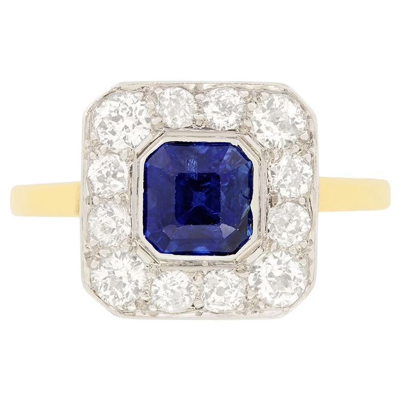 Edwardian 1.30ct Sapphire and Diamond Cluster Ring, c.1910s