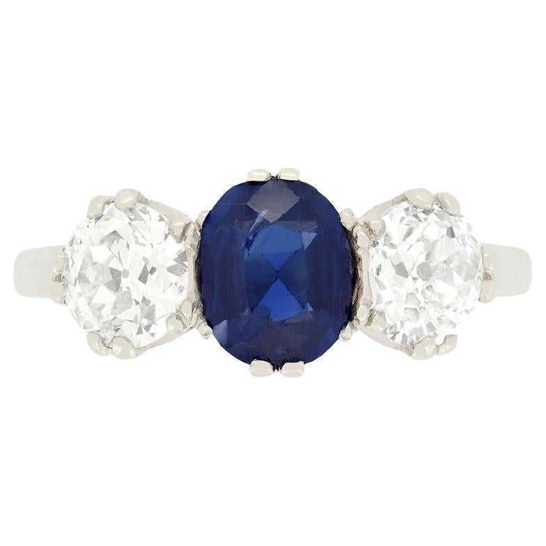 Edwardian 1.30 Carat Sapphire and Diamond Three Stone Ring, circa 1910s For Sale