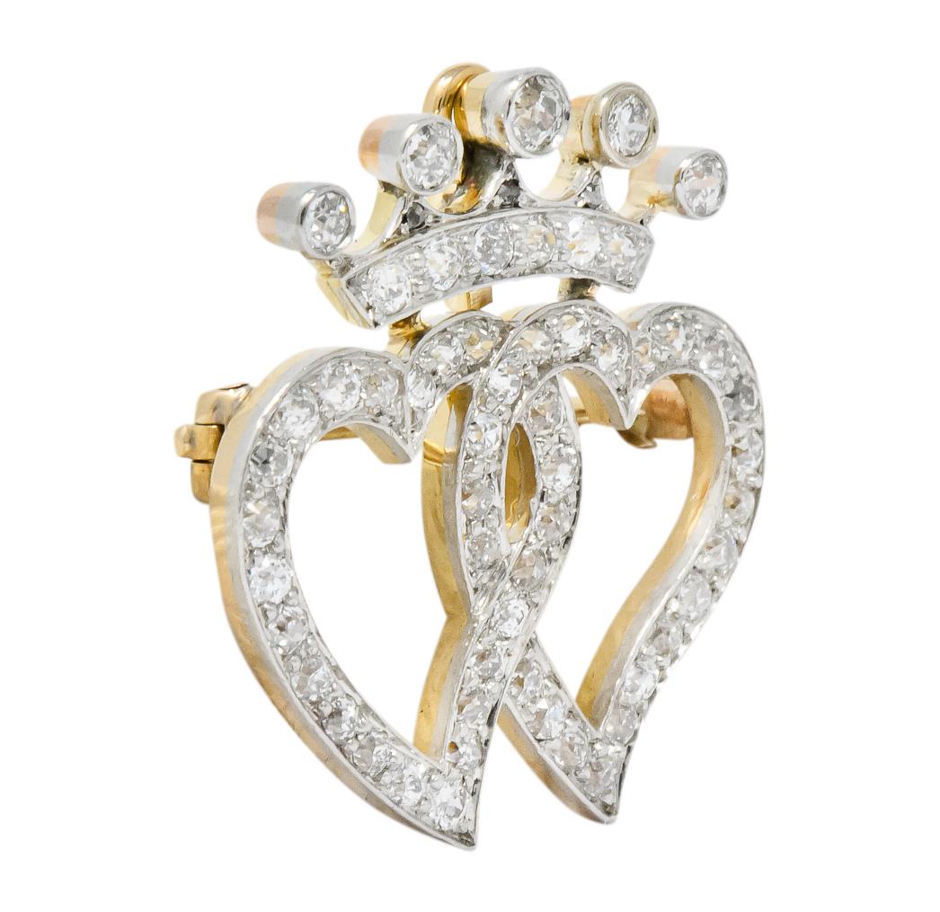 Old European Cut Edwardian 1.35 Carat Diamond Platinum-Topped 18 Karat Gold Heart Pendant Brooch