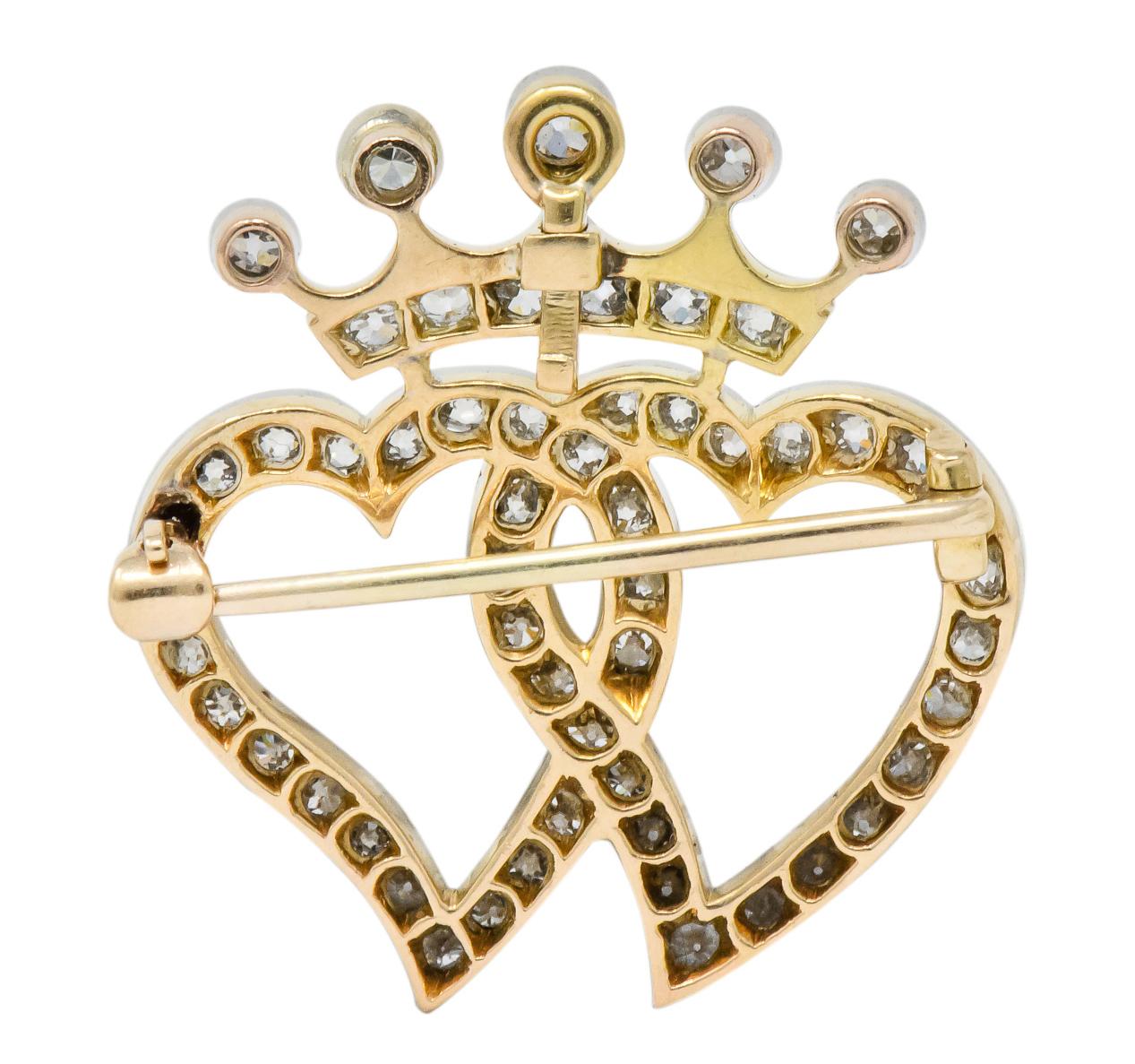 Edwardian 1.35 Carat Diamond Platinum-Topped 18 Karat Gold Heart Pendant Brooch In Excellent Condition In Philadelphia, PA