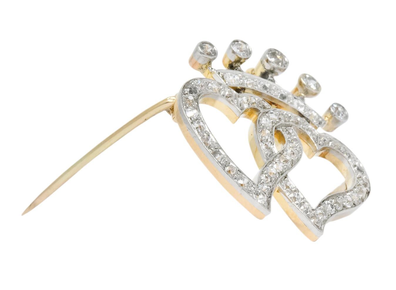 Women's or Men's Edwardian 1.35 Carat Diamond Platinum-Topped 18 Karat Gold Heart Pendant Brooch