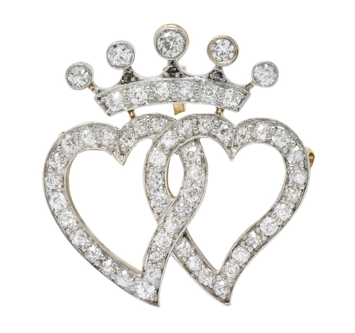 Edwardian 1.35 Carat Diamond Platinum-Topped 18 Karat Gold Heart Pendant Brooch 1
