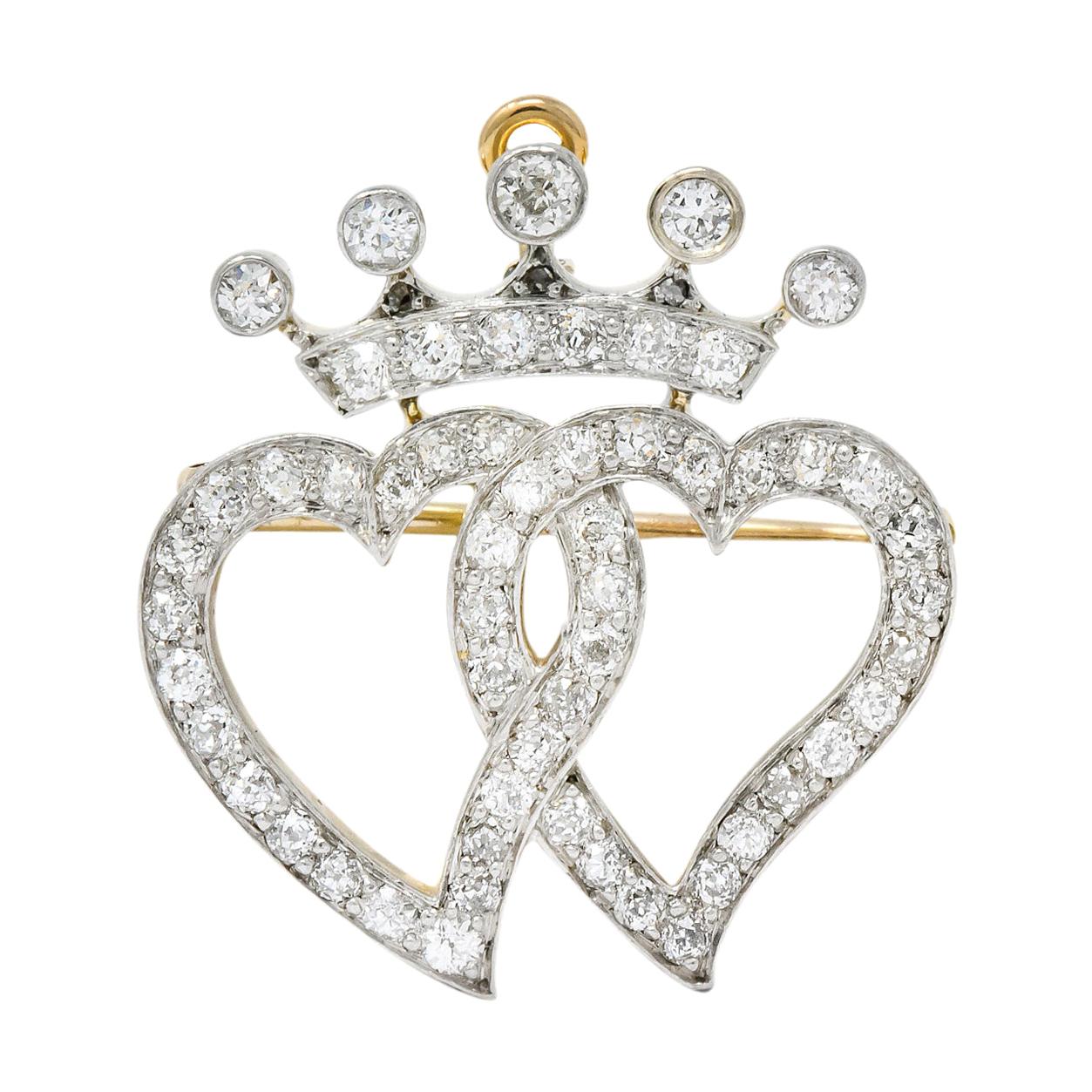 Edwardian 1.35 Carat Diamond Platinum-Topped 18 Karat Gold Heart Pendant Brooch