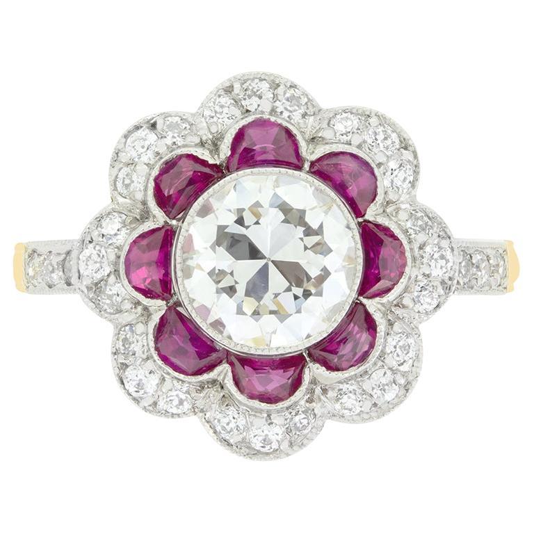 Edwardianischer target-Ring, 1,35 Karat Diamant und Rubin, ca. 1910er Jahre