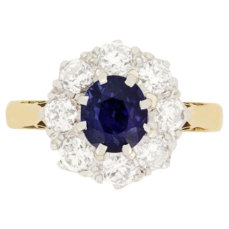 Edwardian 1.35ct Sapphire and Diamond Cluster Ring, c.1910s For Sale