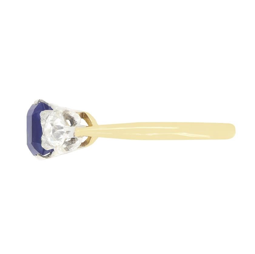 Emerald Cut Edwardian 1.35ct Sapphire and Diamond Trilogy Ring, c.1910s For Sale