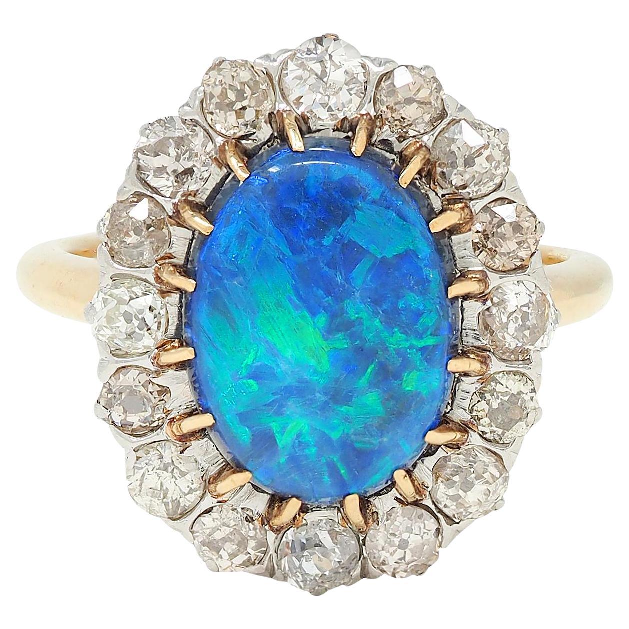Edwardian 1.36 CTW Diamond Black Opal Platinum 14K Gold Antique Halo Ring