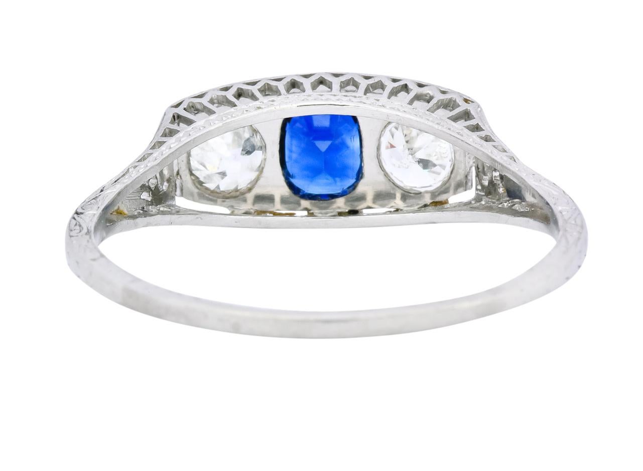 Edwardian 1.38 Carat Diamond Sapphire Platinum Three-Stone Band Ring In Excellent Condition In Philadelphia, PA
