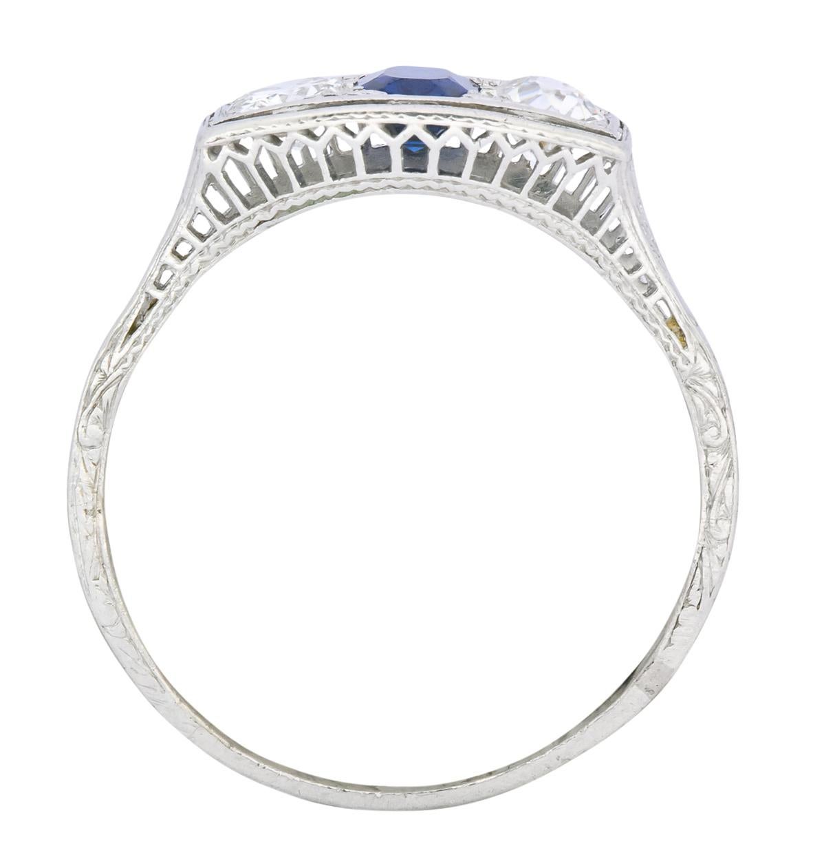 Edwardian 1.38 Carat Diamond Sapphire Platinum Three-Stone Band Ring 2