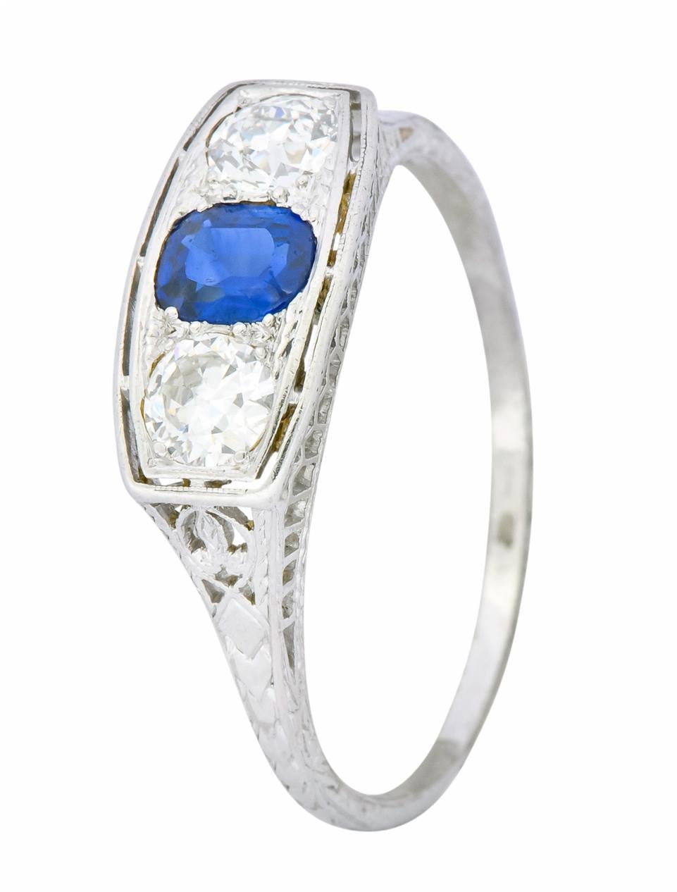 Edwardian 1.38 Carat Diamond Sapphire Platinum Three-Stone Band Ring 3