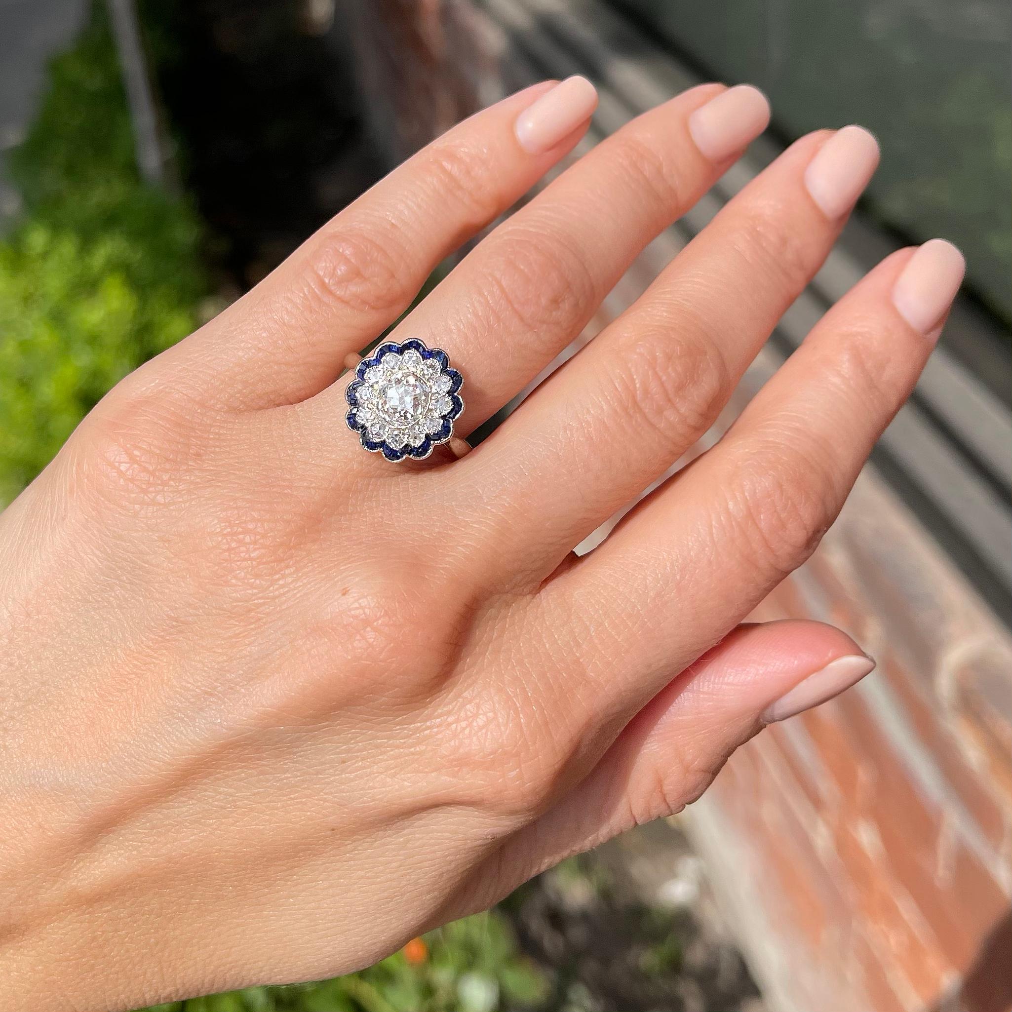 Edwardian 1.39 Carat GIA Old Mine Cut Diamond & Sapphire Cluster Engagement Ring For Sale 4