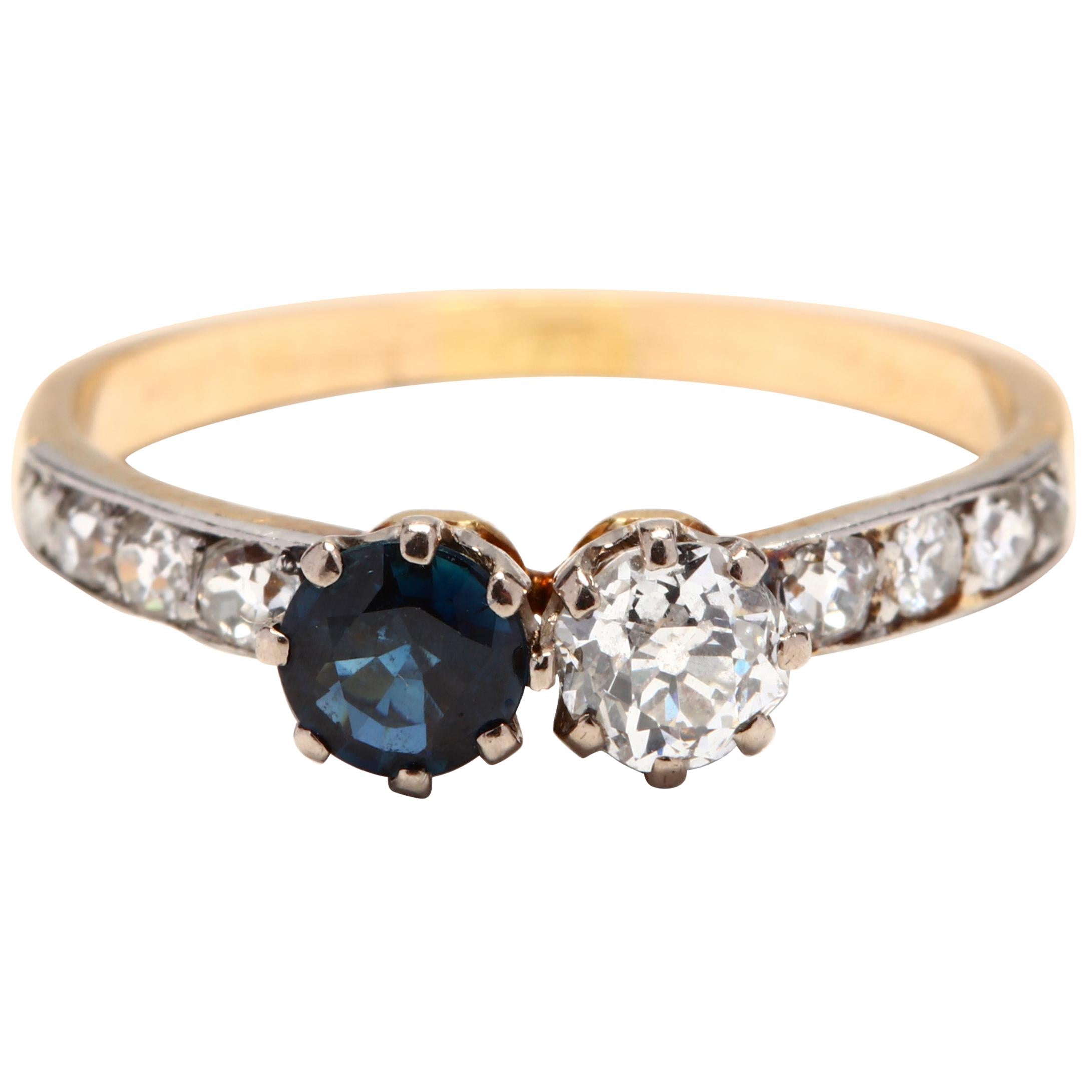 Edwardian 14 Karat Bi-Color Gold Diamond and Sapphire Toi et Moi Ring