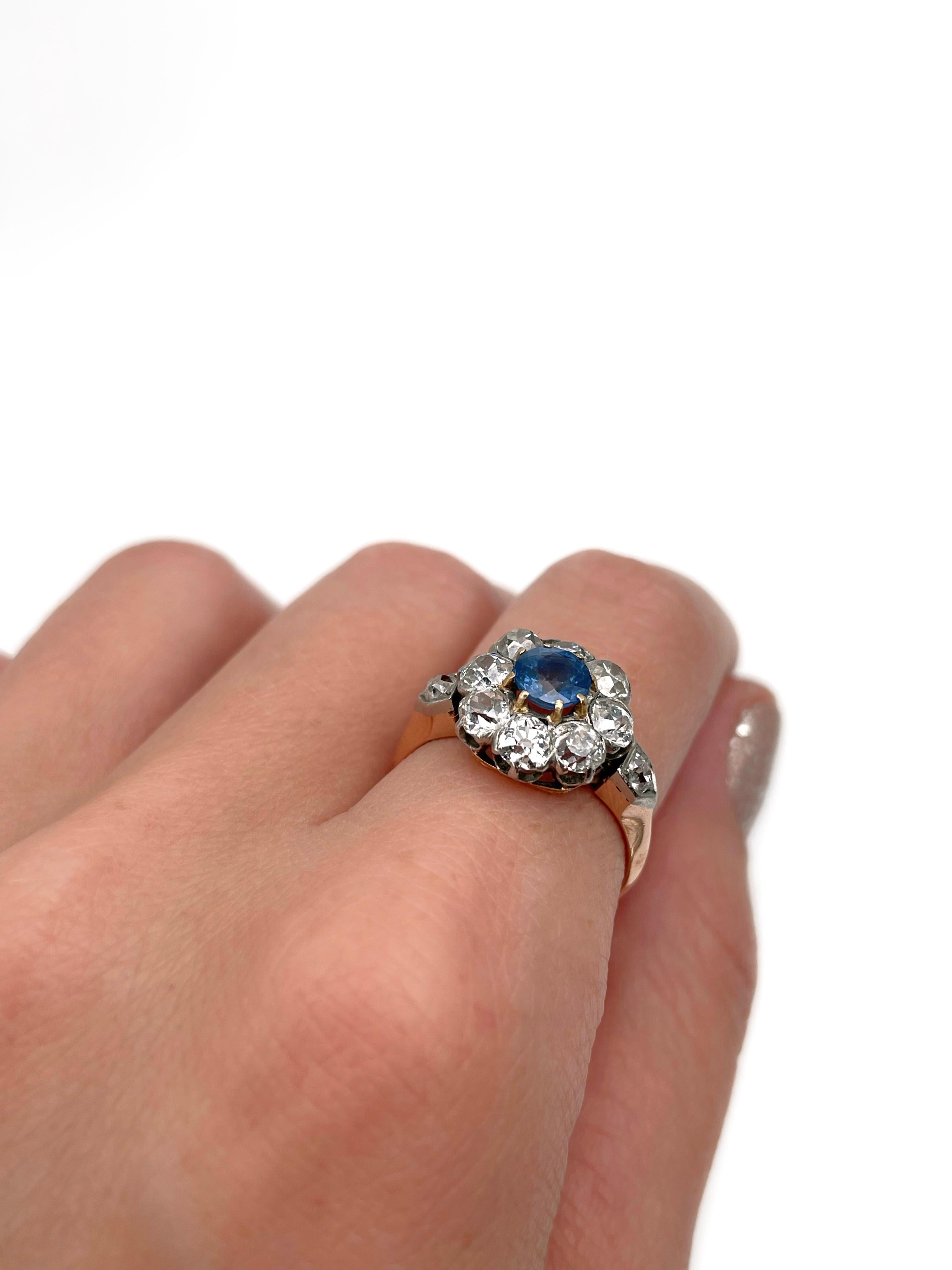 Edwardian 14 Karat Gold 0,70 Karat SI Saphir 1,40 Karat Diamant Cluster Ring (Gemischter Schliff) im Angebot