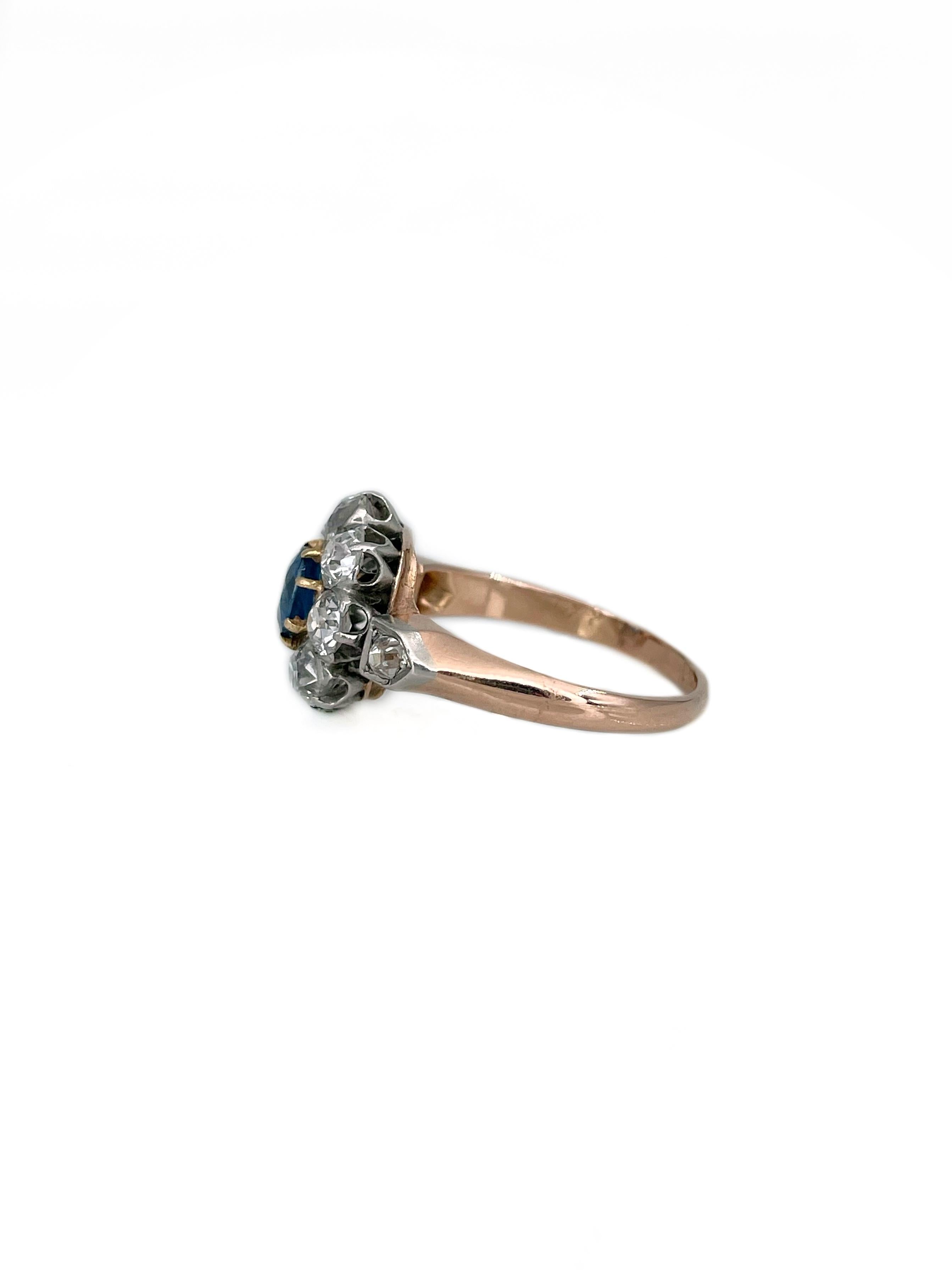 Edwardian 14 Karat Gold 0,70 Karat SI Saphir 1,40 Karat Diamant Cluster Ring im Zustand „Gut“ im Angebot in Vilnius, Vilniaus apskr.
