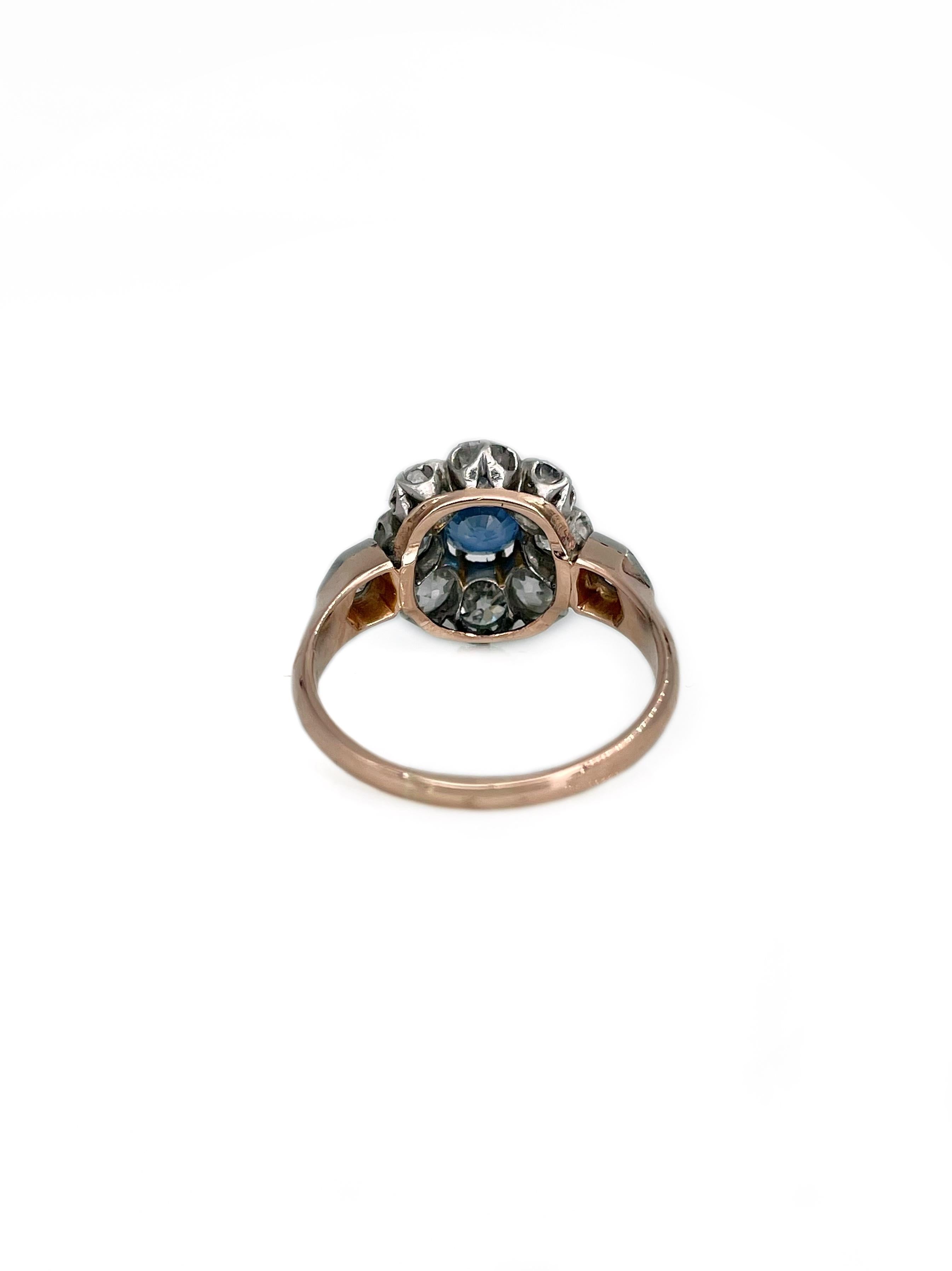 Edwardian 14 Karat Gold 0,70 Karat SI Saphir 1,40 Karat Diamant Cluster Ring Damen im Angebot