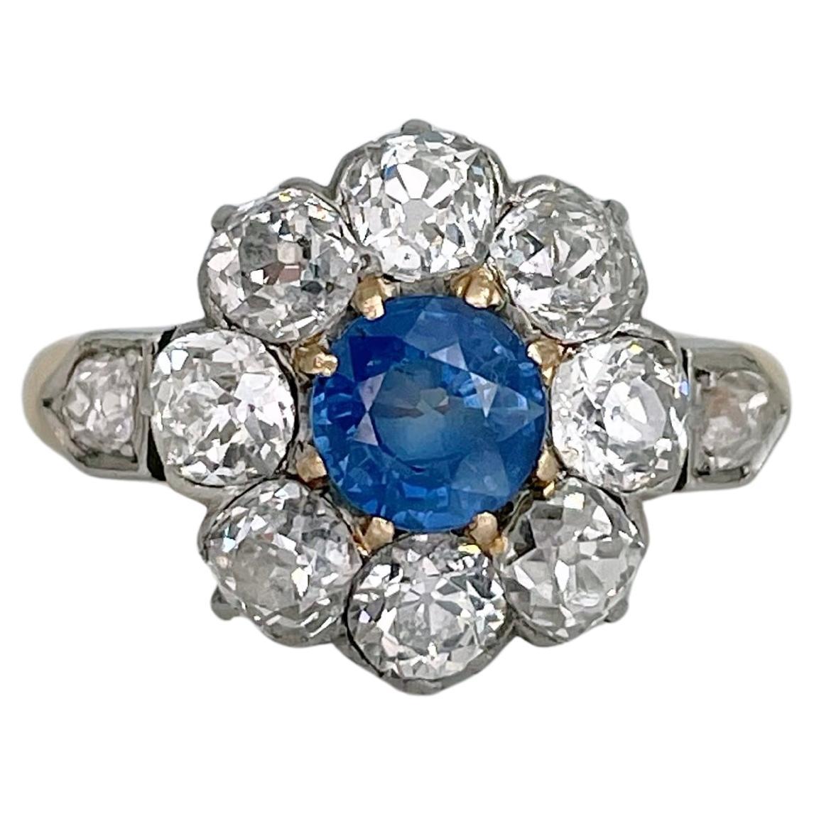 Anello edoardiano in oro 14 carati con zaffiro SI da 0,70 carati e diamanti da 1,40 carati