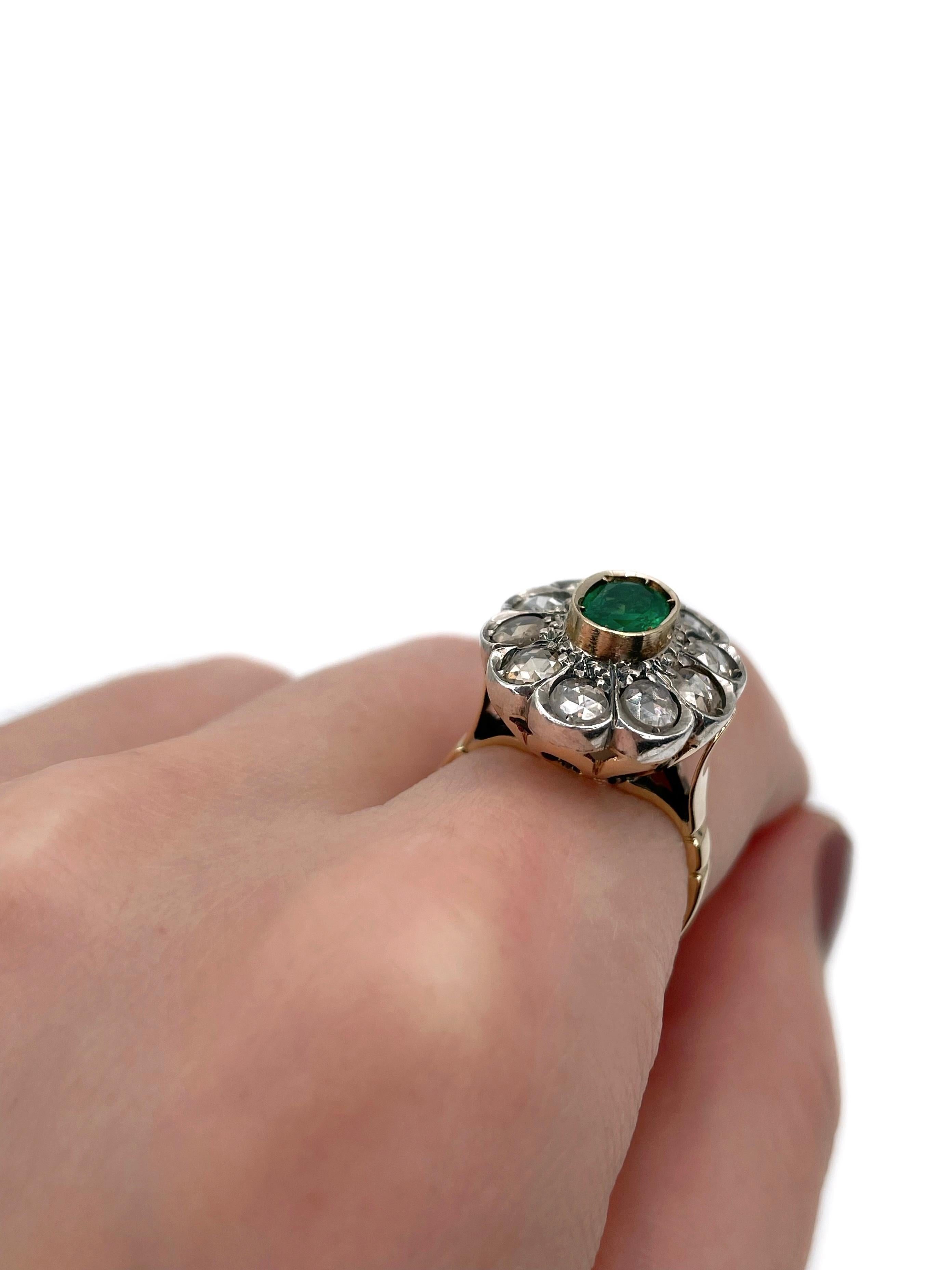 Mixed Cut Edwardian 14 Karat Gold 0.85 Carat Emerald 1.50 Carat Diamond Cluster Ring For Sale