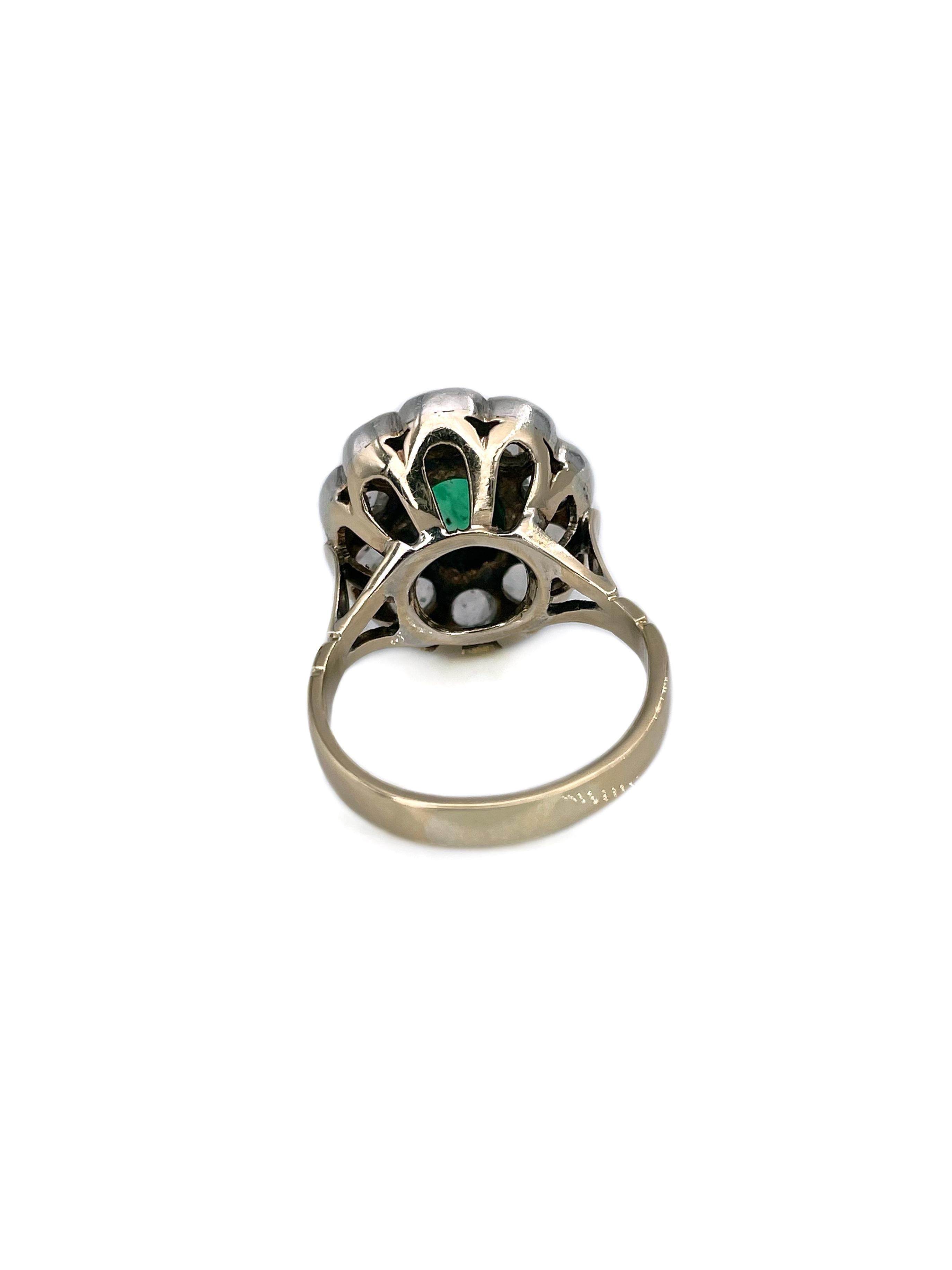 Women's Edwardian 14 Karat Gold 0.85 Carat Emerald 1.50 Carat Diamond Cluster Ring For Sale