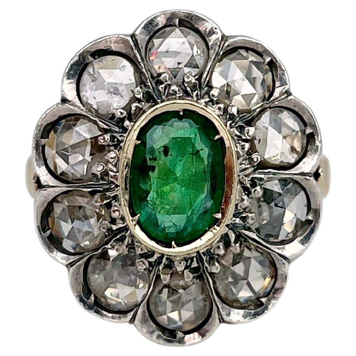 Edwardian 14 Karat Gold 0.85 Carat Emerald 1.50 Carat Diamond Cluster Ring For Sale